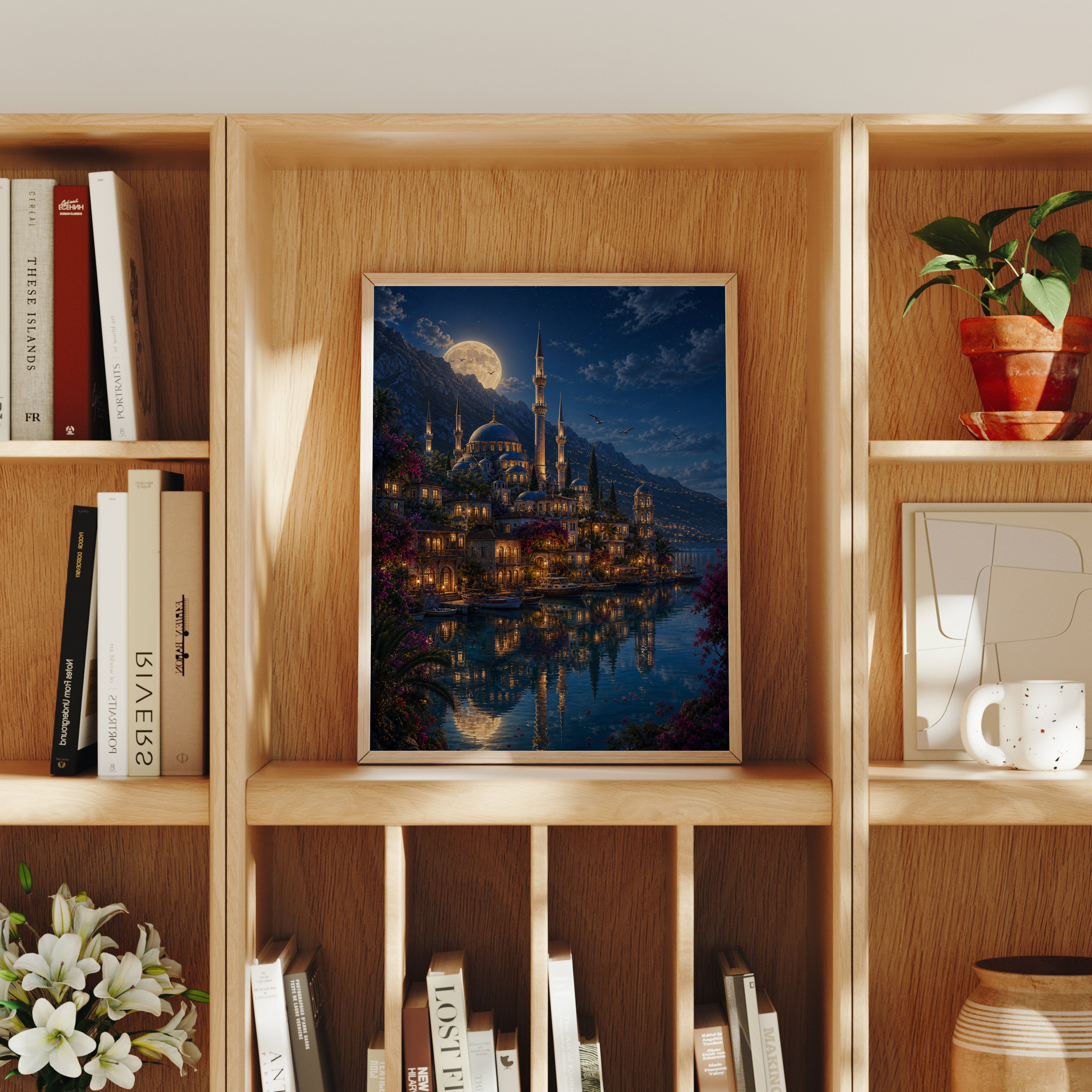 Bodrum Full Moon Mosque Harbor poster home decor mockup by Seji Art