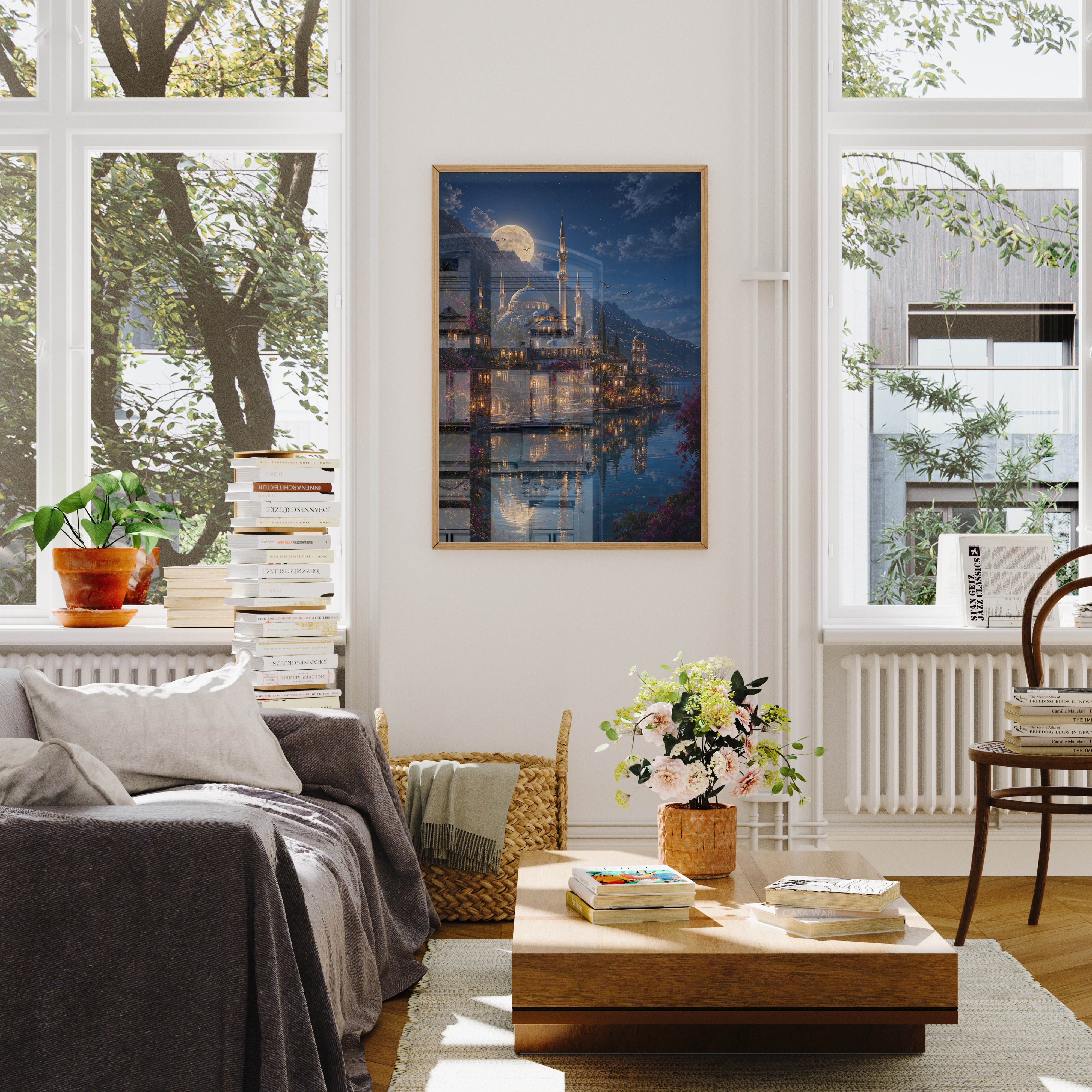 Bodrum Full Moon Mosque Harbor poster wall art mockup by Seji Art