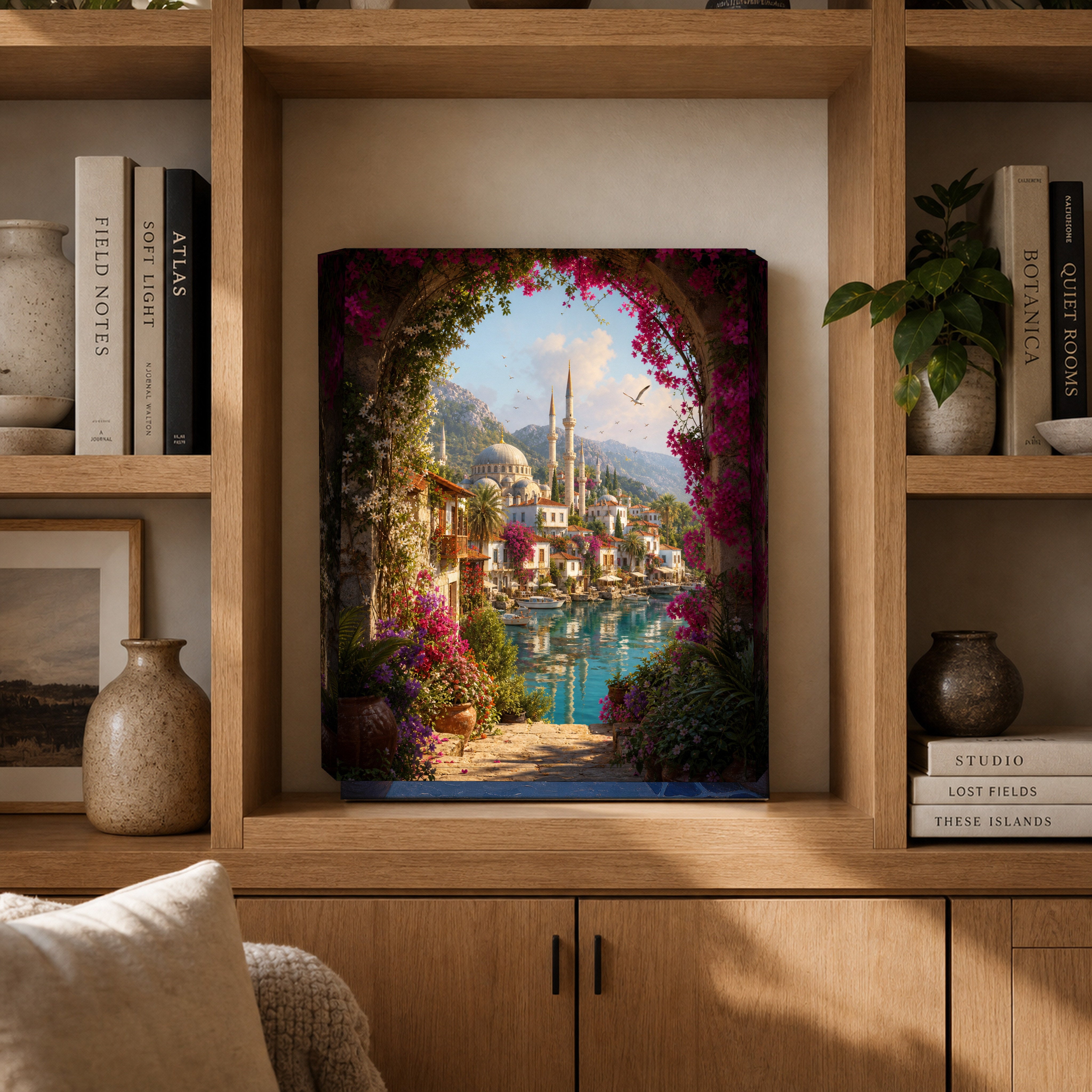 Bodrum Garden Arch Lagoon canvas gallery shelf mockup by Seji Art