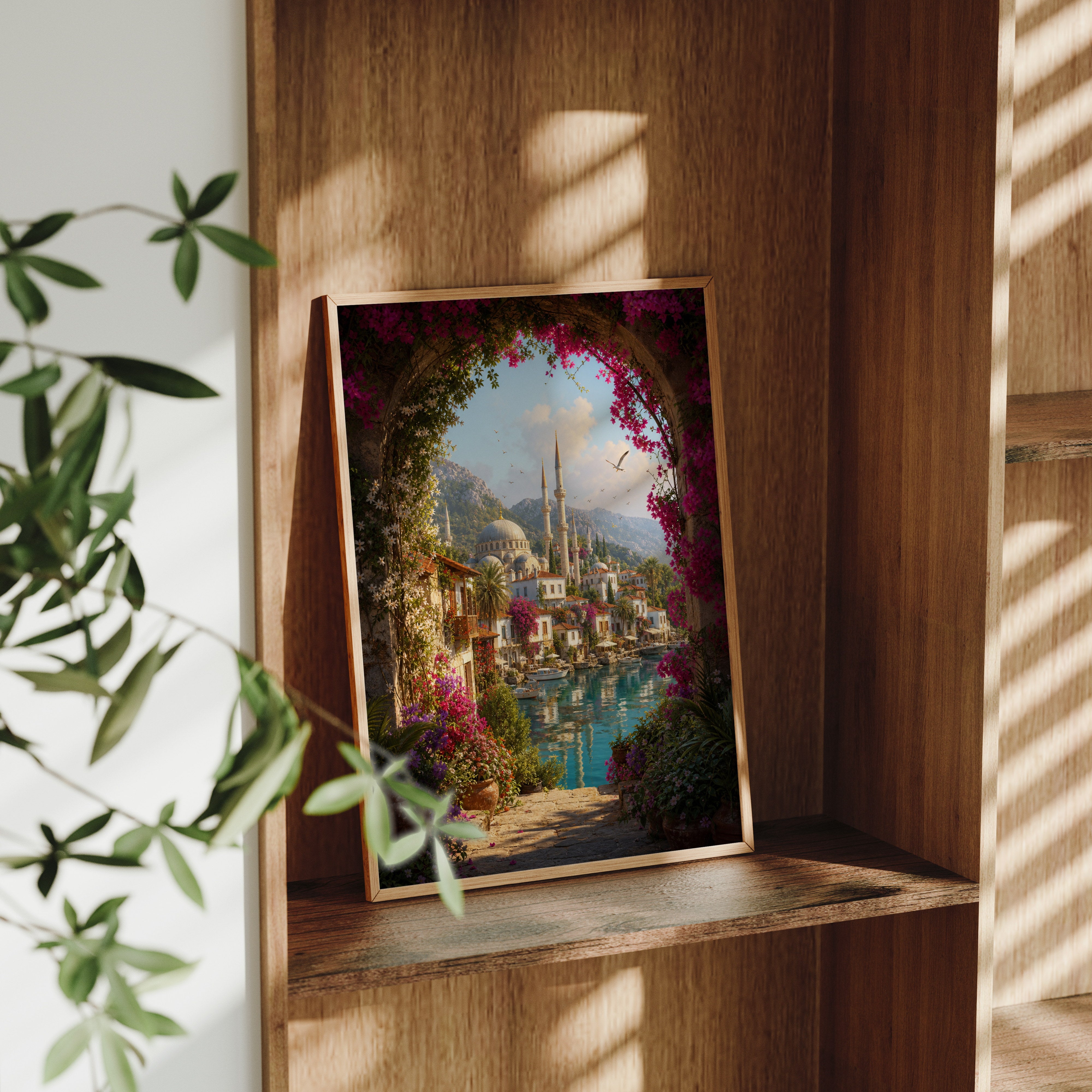 Bodrum Garden Arch Lagoon poster framed room mockup by Seji Art