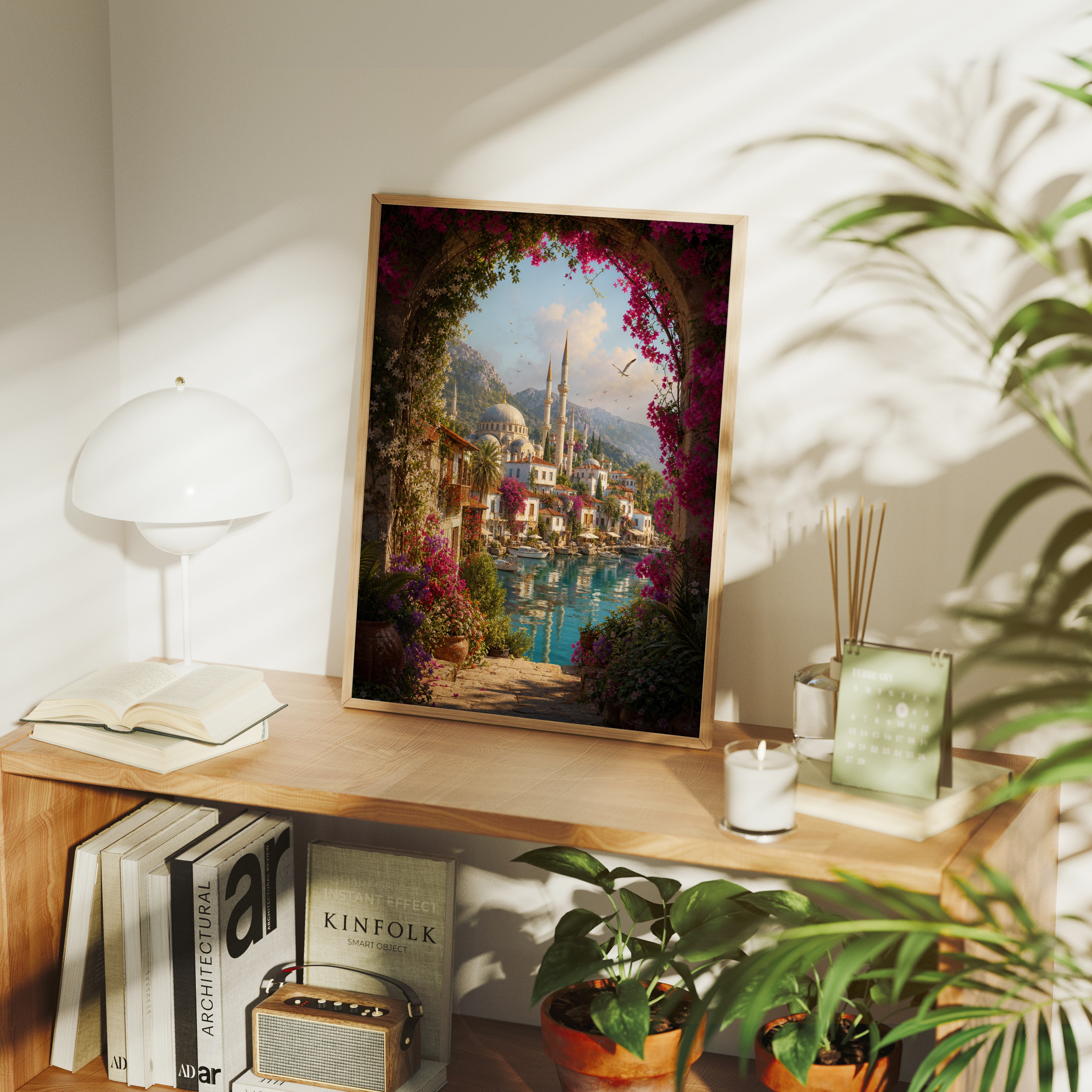 Bodrum Garden Arch Lagoon poster gallery shelf mockup by Seji Art
