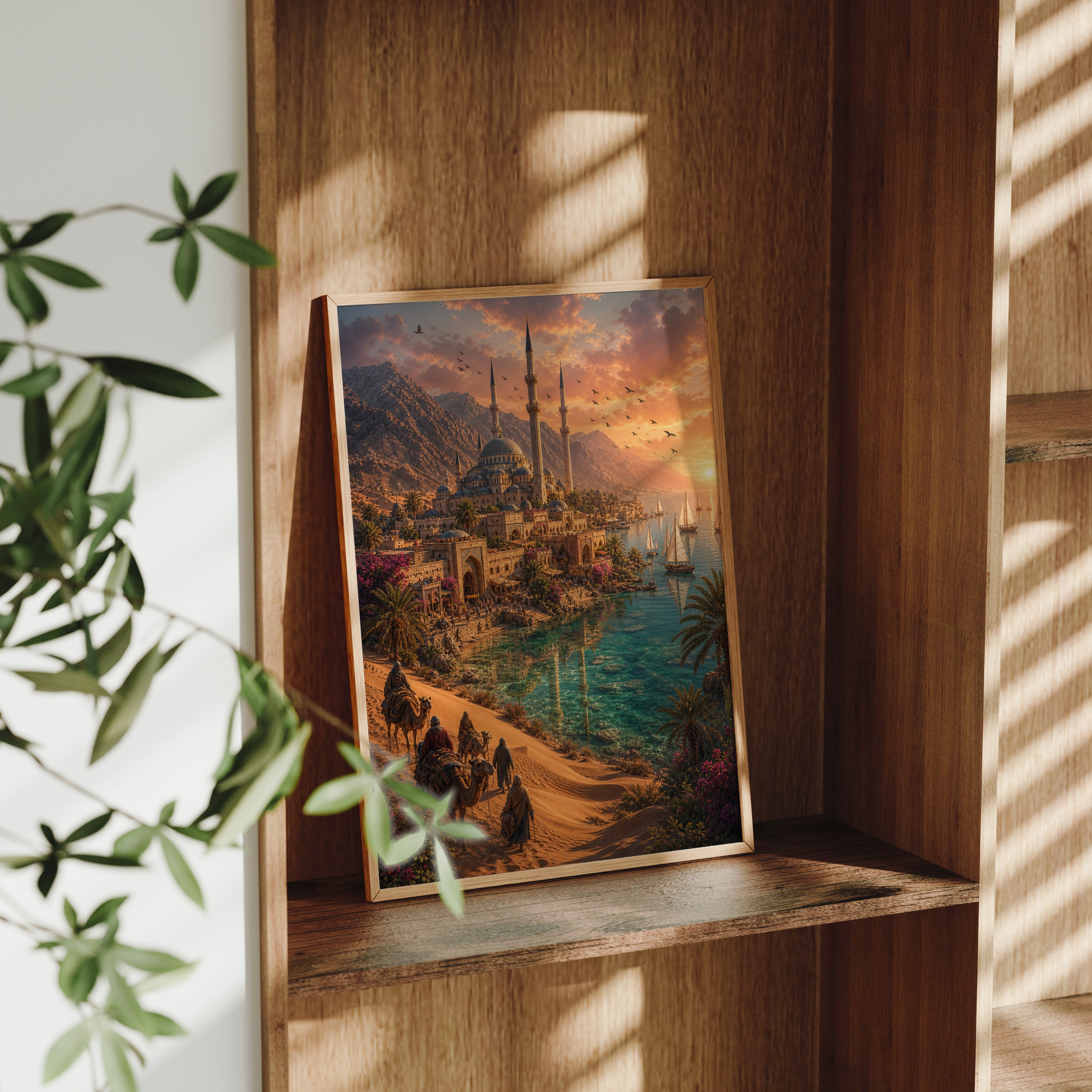 Bodrum Golden Desert Cove poster framed room mockup by Seji Art