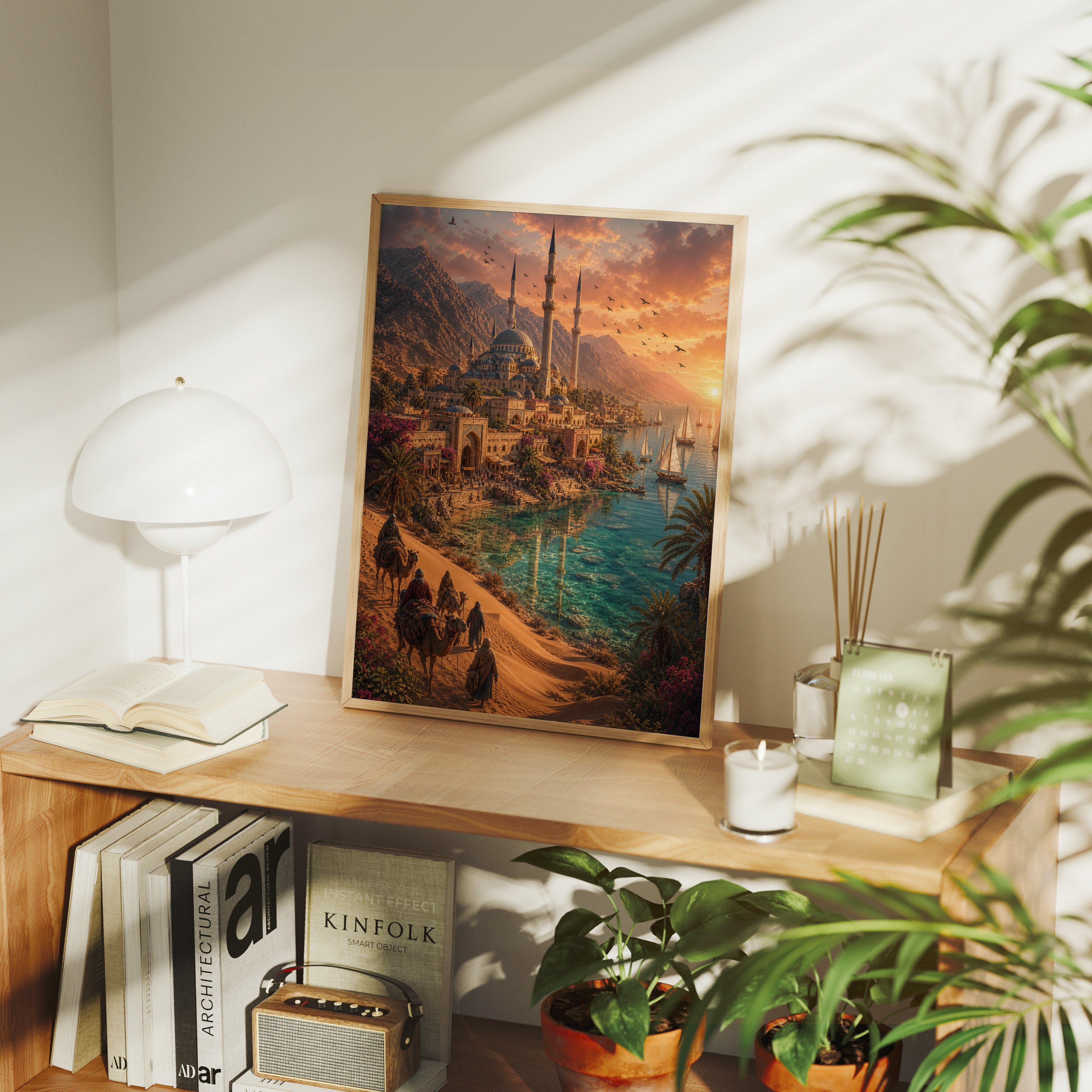 Bodrum Golden Desert Cove poster gallery shelf mockup by Seji Art