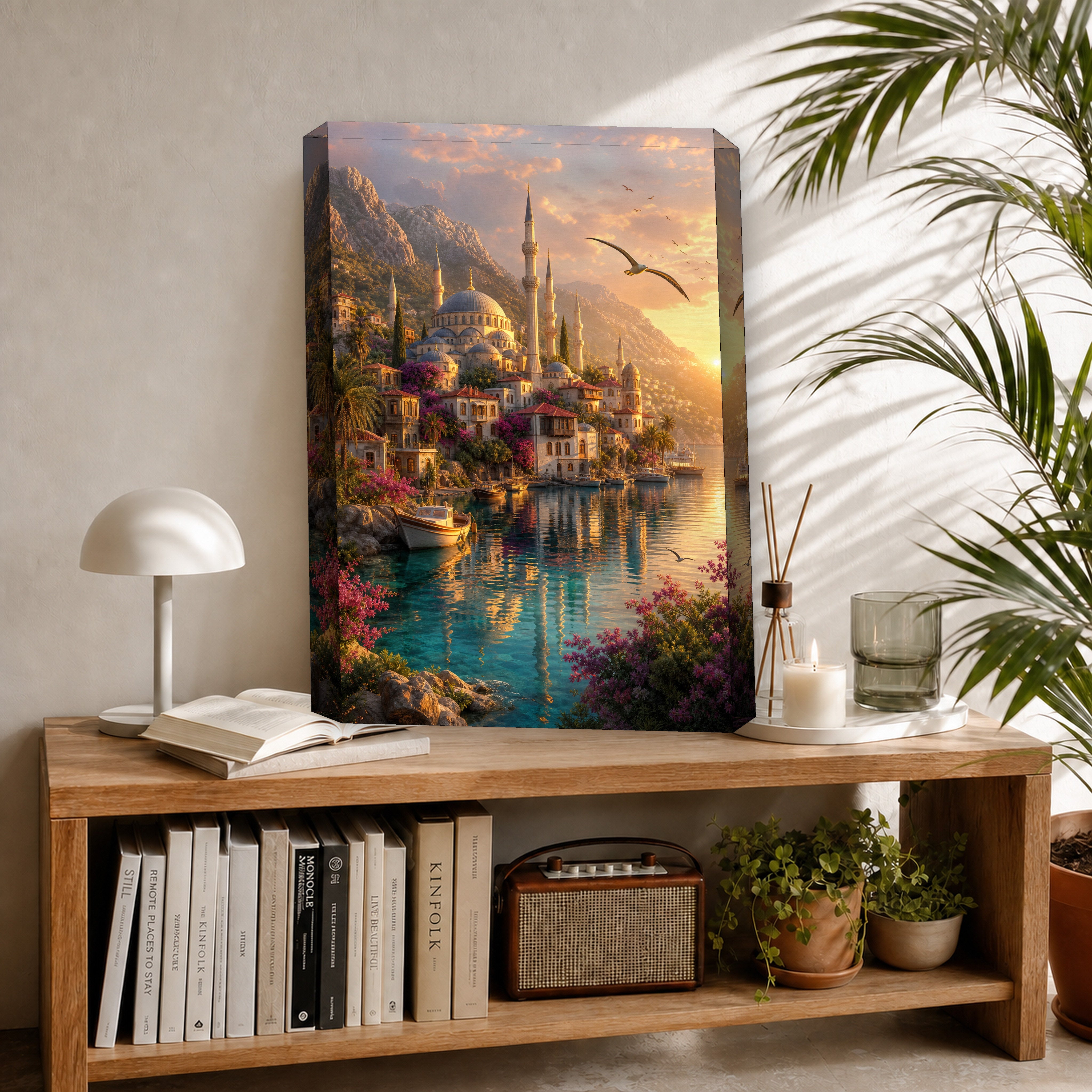 Bodrum Golden Harbor Minaret canvas room mockup by Seji Art
