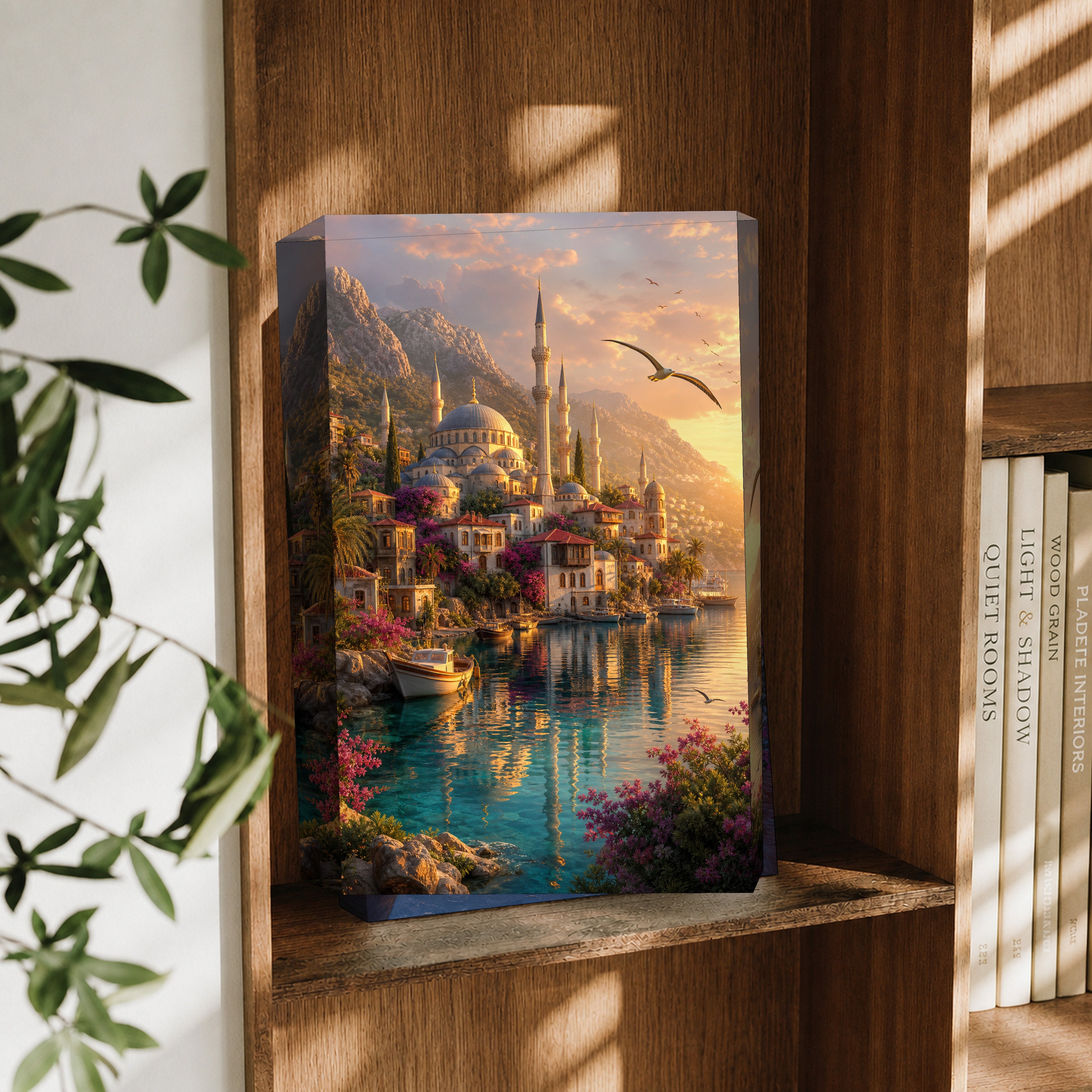 Bodrum Golden Harbor Minaret canvas wall art decor mockup by Seji Art