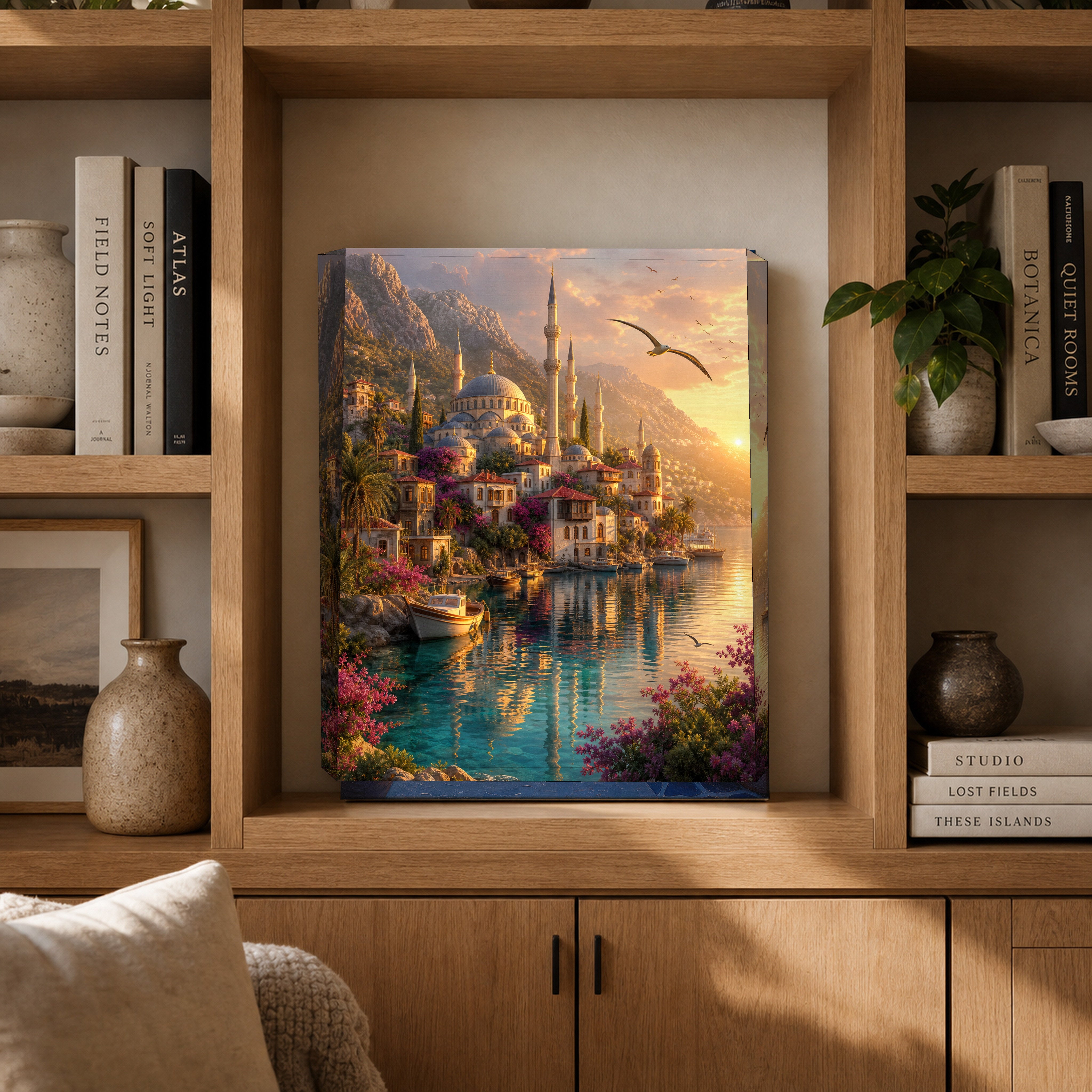 Bodrum Golden Harbor Minaret canvas gallery shelf mockup by Seji Art