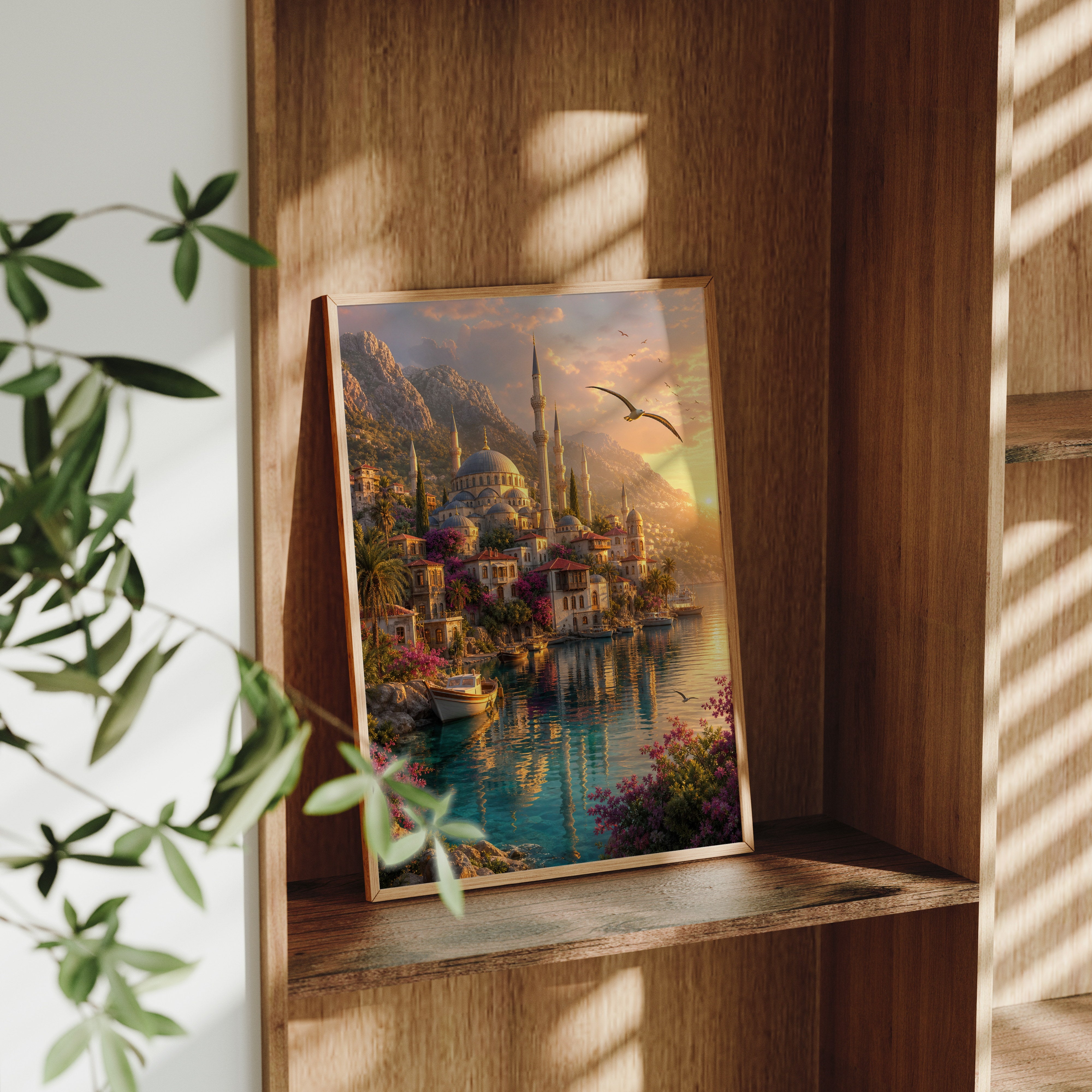Bodrum Golden Harbor Minaret poster framed room mockup by Seji Art