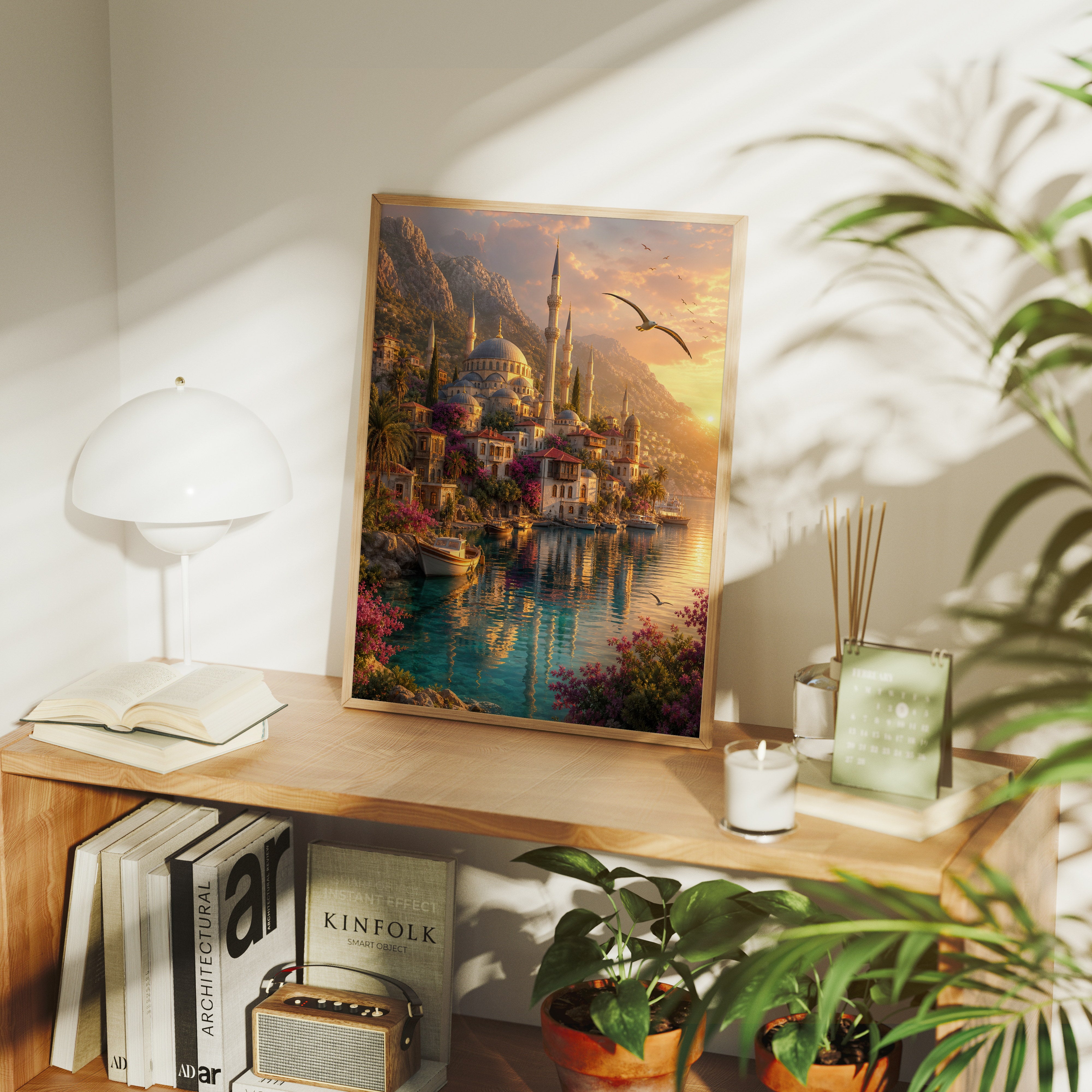 Bodrum Golden Harbor Minaret poster gallery shelf mockup by Seji Art
