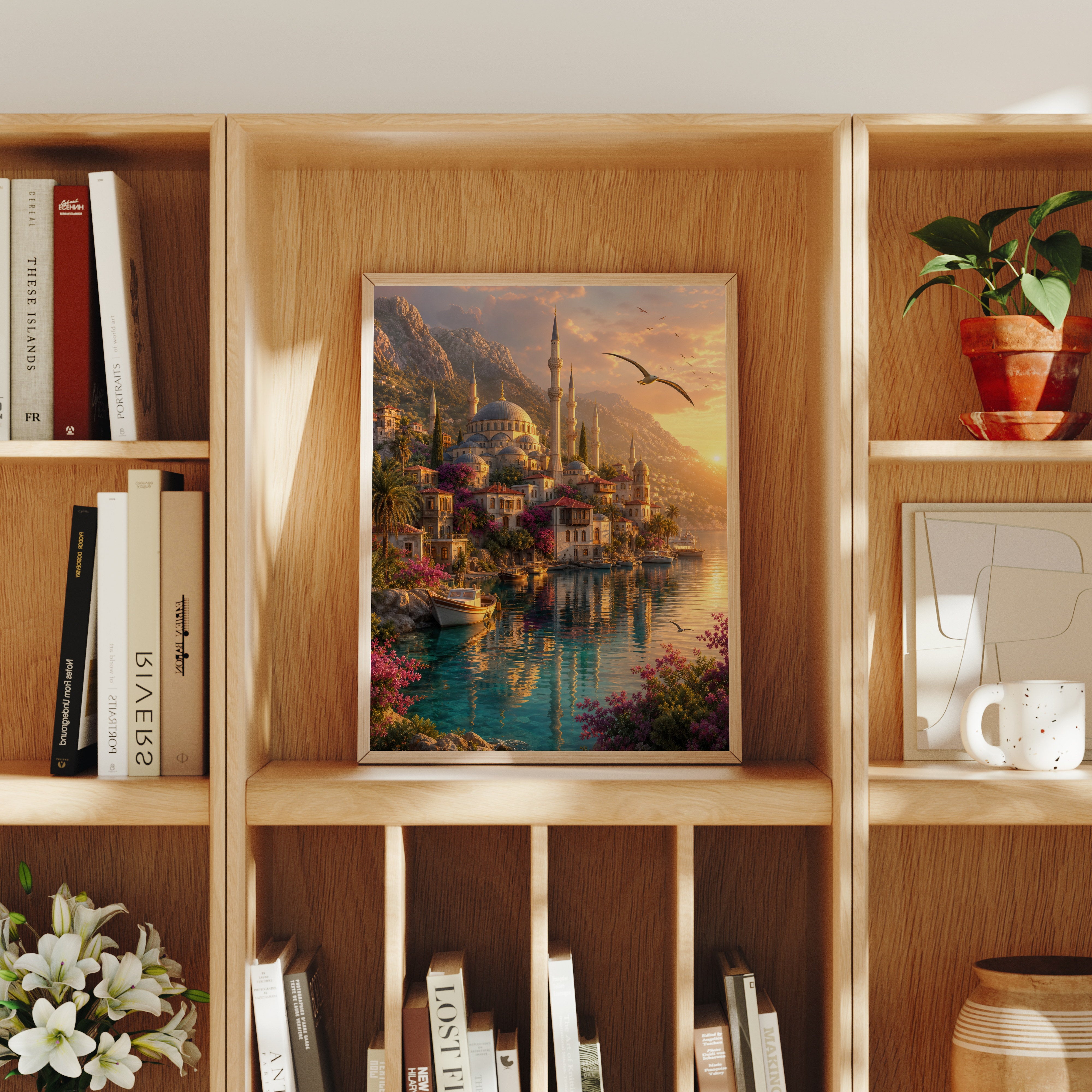 Bodrum Golden Harbor Minaret poster home decor mockup by Seji Art