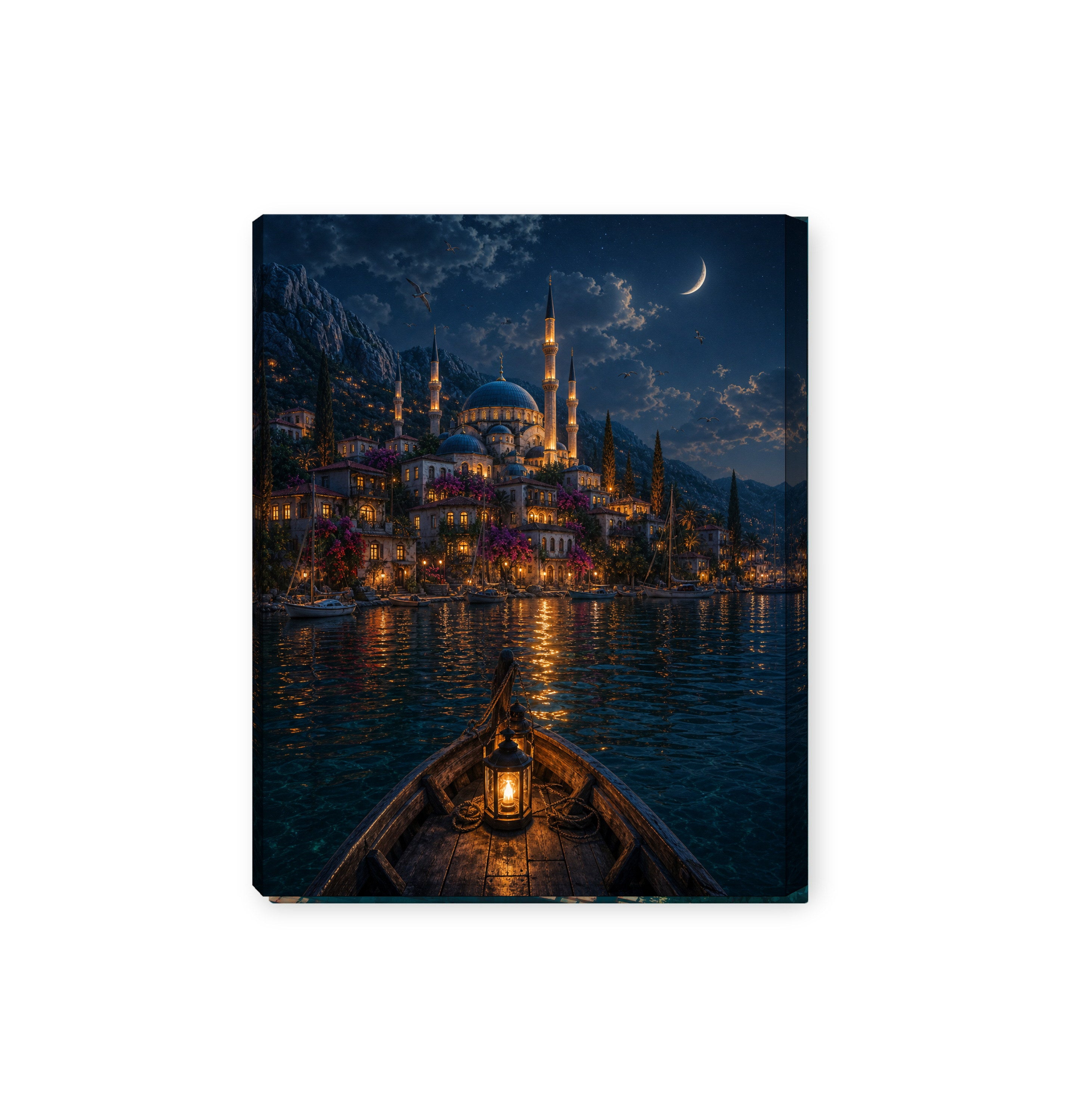 Bodrum Lantern Boat Moonlight canvas wall art preview by Seji Art