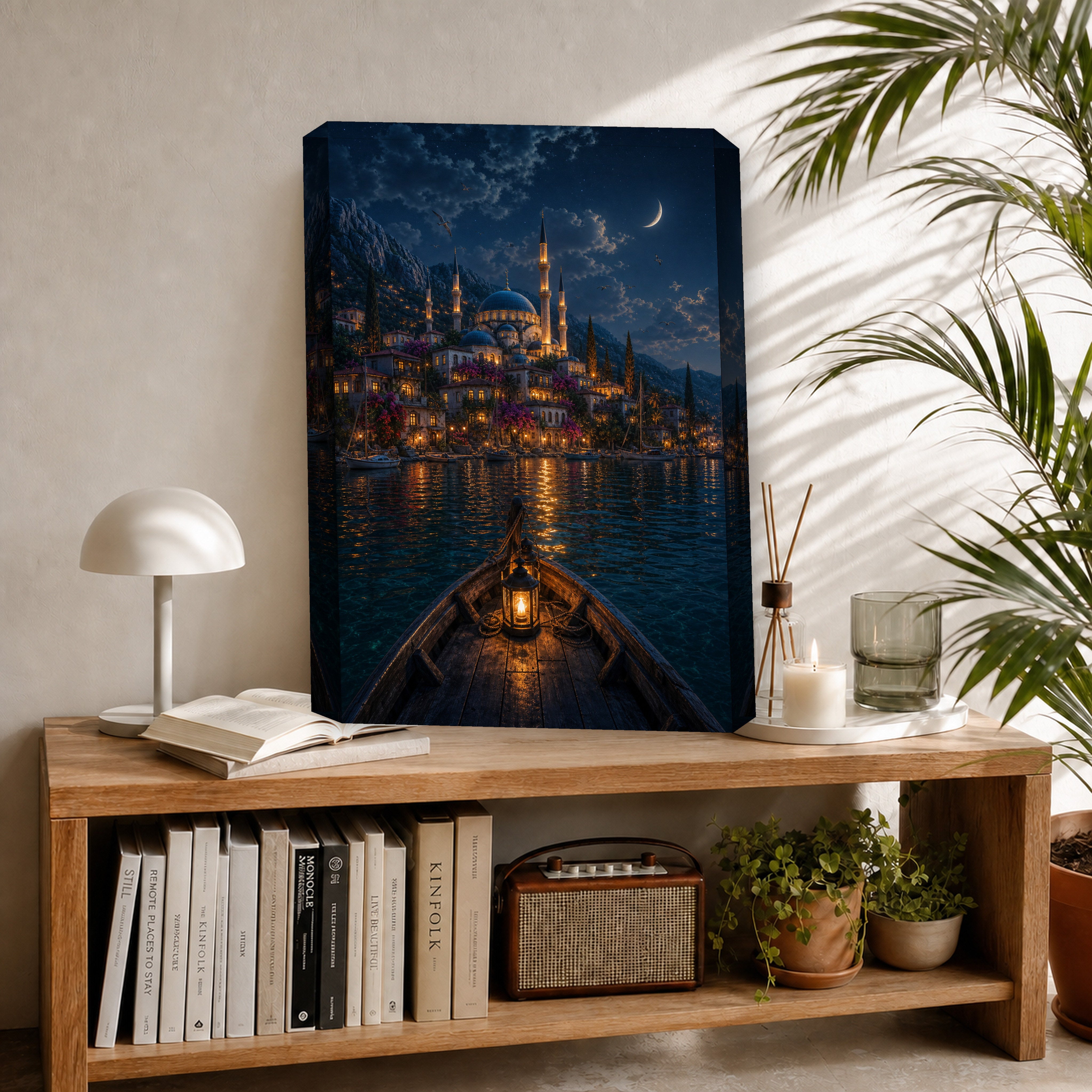 Bodrum Lantern Boat Moonlight canvas room mockup by Seji Art