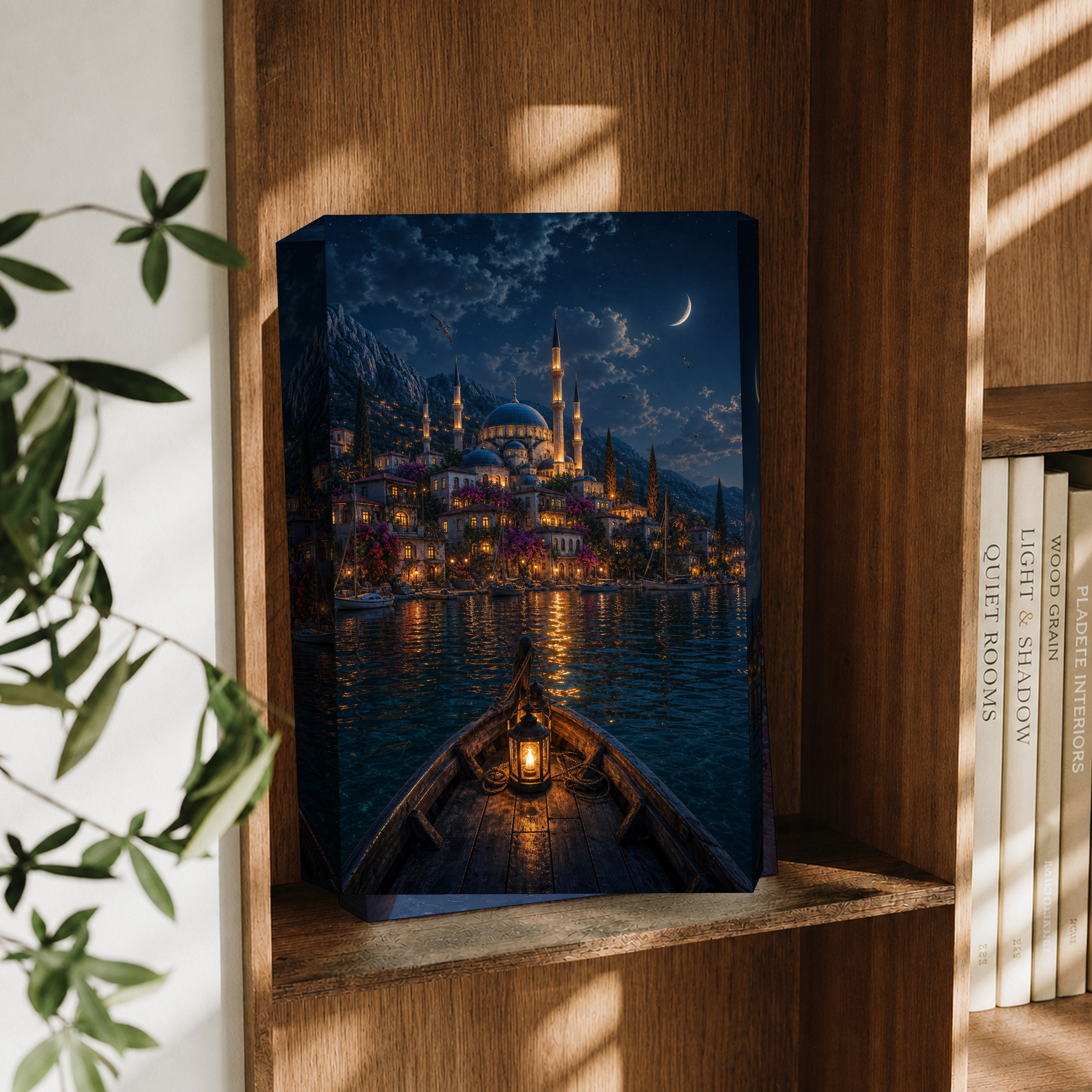 Bodrum Lantern Boat Moonlight canvas wall art decor mockup by Seji Art