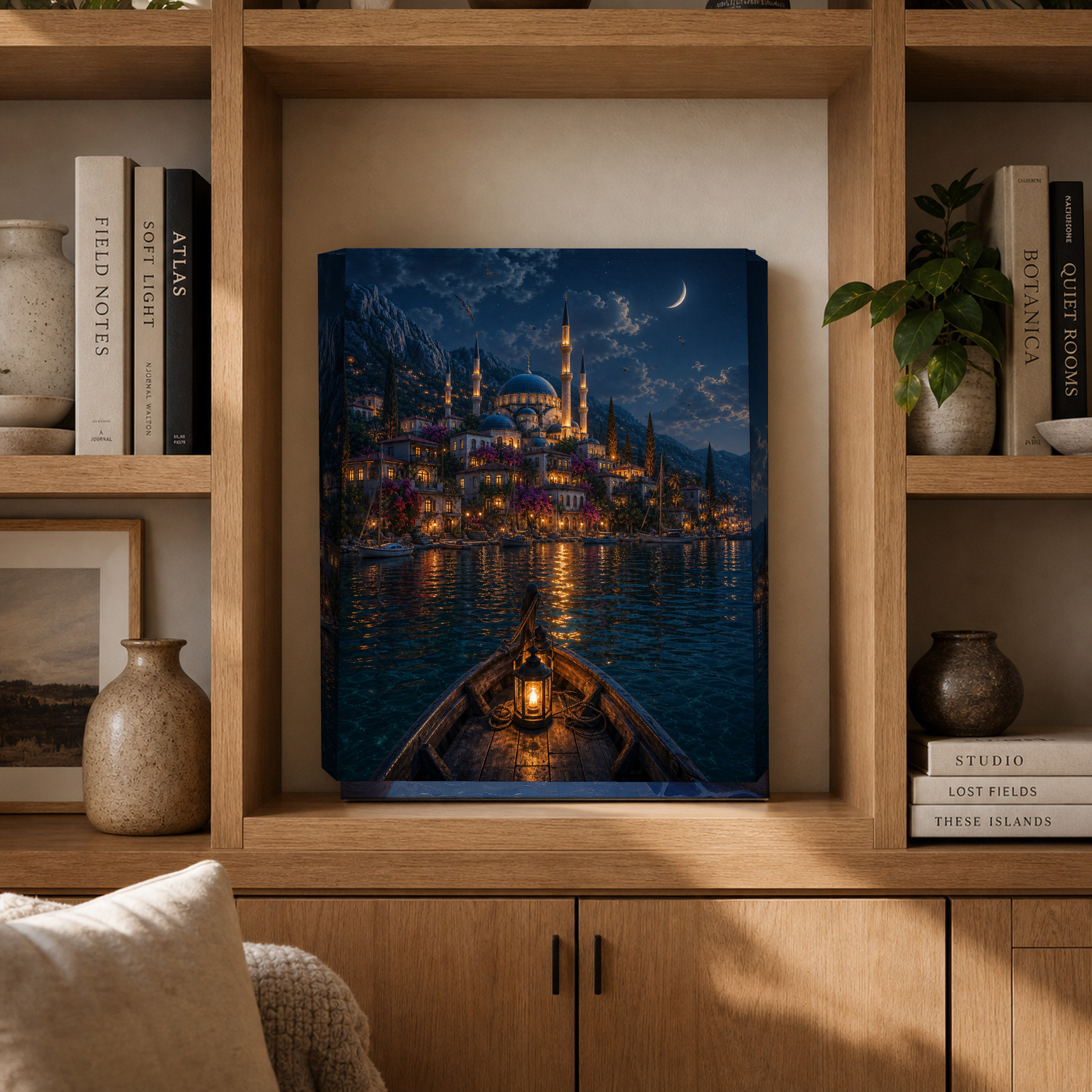 Bodrum Lantern Boat Moonlight canvas gallery shelf mockup by Seji Art