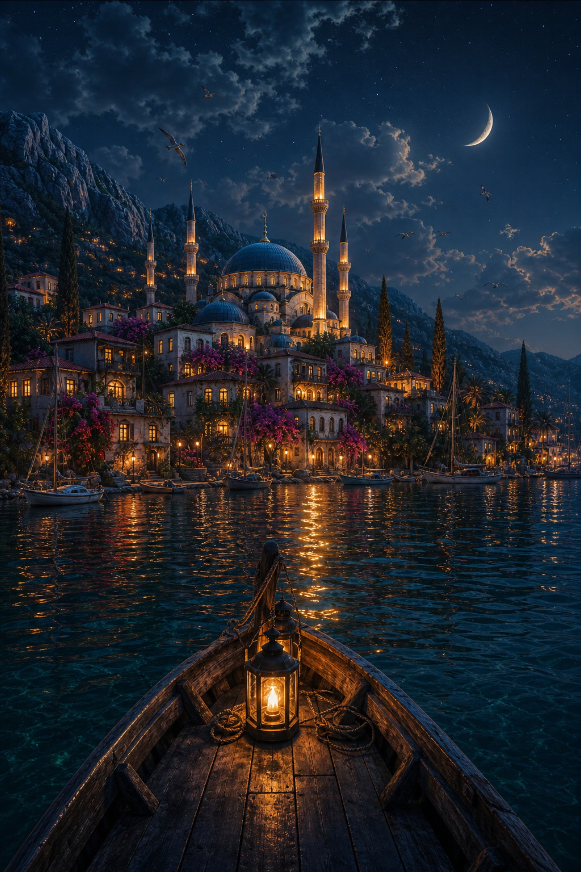 Bodrum Lantern Boat Moonlight poster print preview by Seji Art