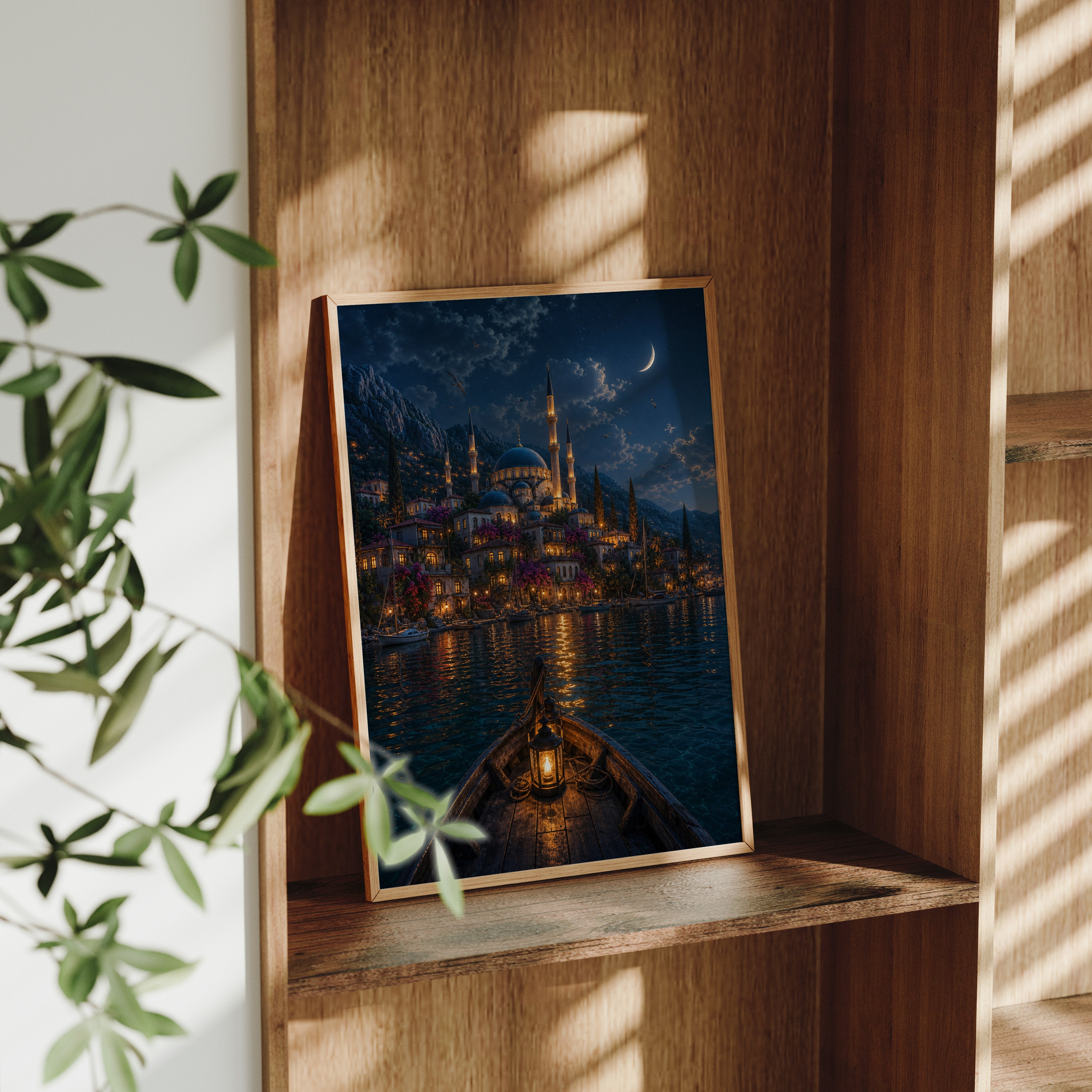 Bodrum Lantern Boat Moonlight poster framed room mockup by Seji Art
