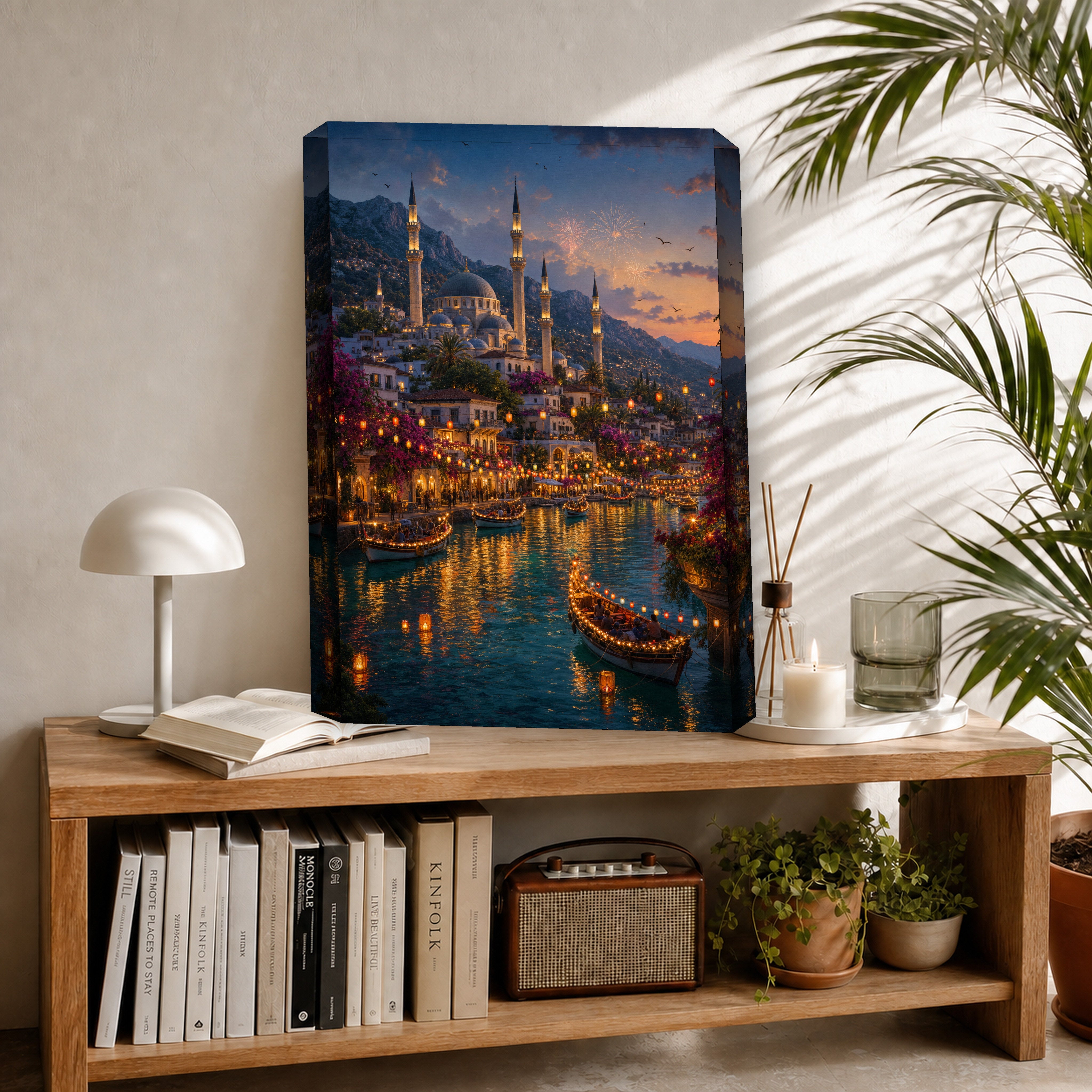 Bodrum Lantern Harbor Night canvas room mockup by Seji Art