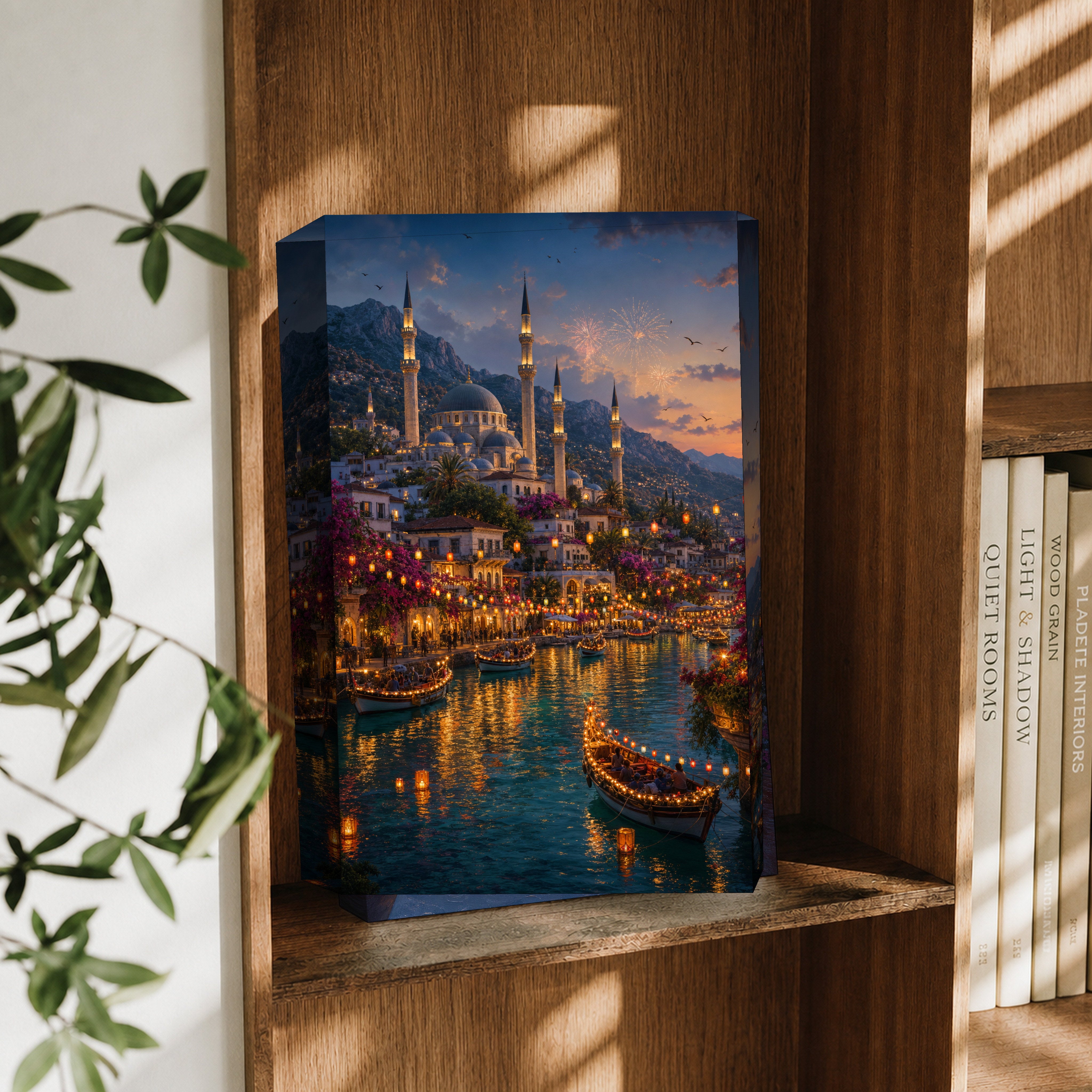 Bodrum Lantern Harbor Night canvas wall art decor mockup by Seji Art