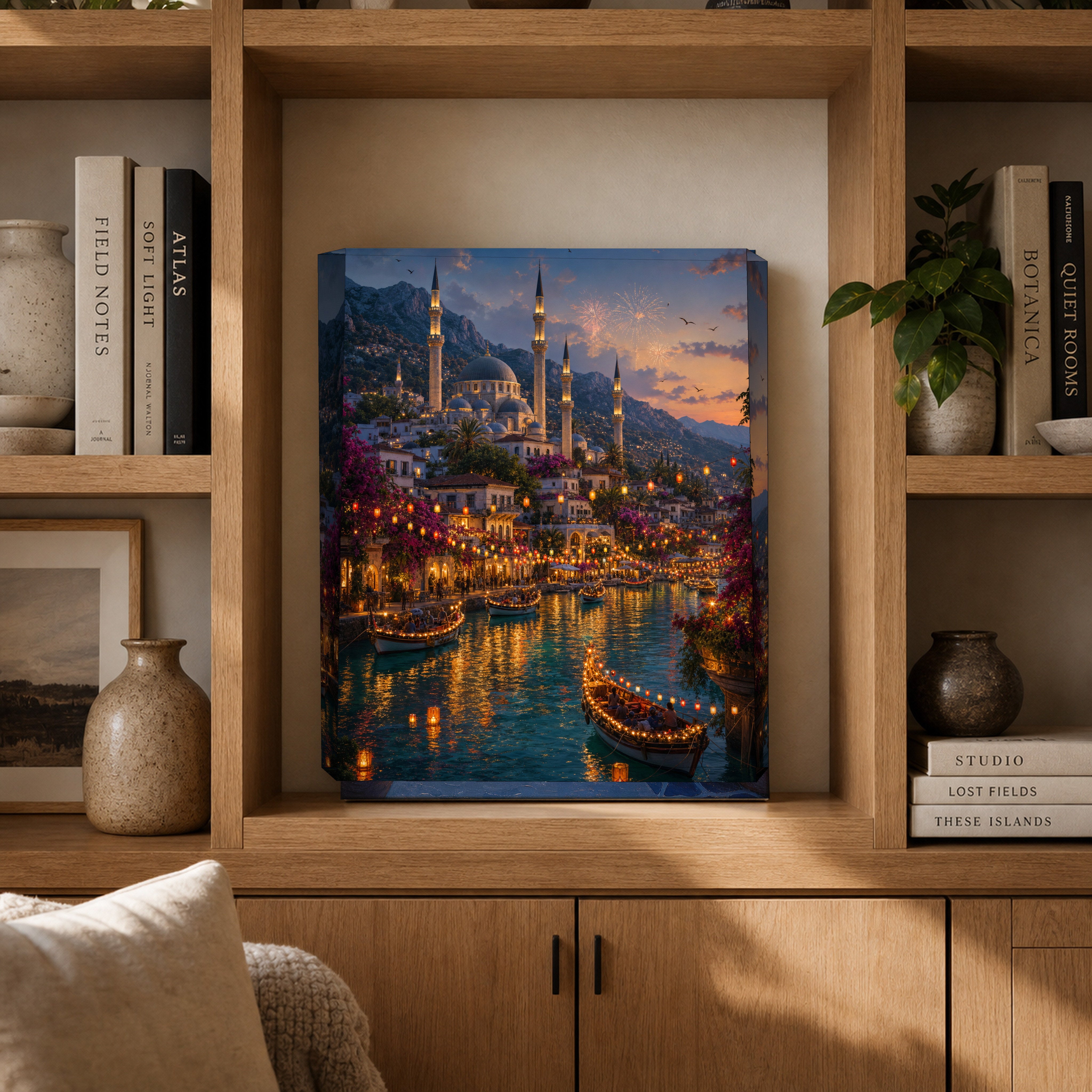 Bodrum Lantern Harbor Night canvas gallery shelf mockup by Seji Art