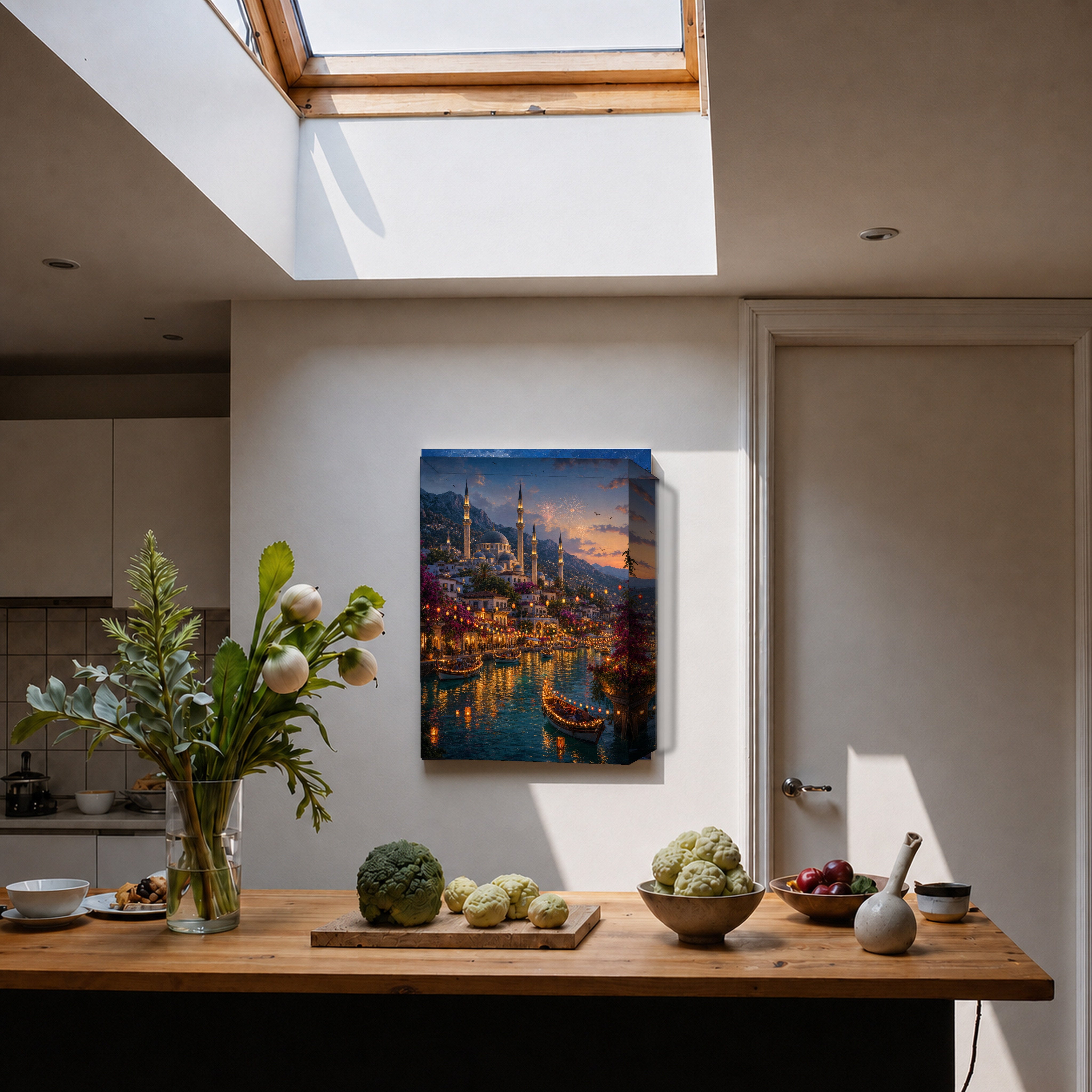 Bodrum Lantern Harbor Night canvas home decor mockup by Seji Art