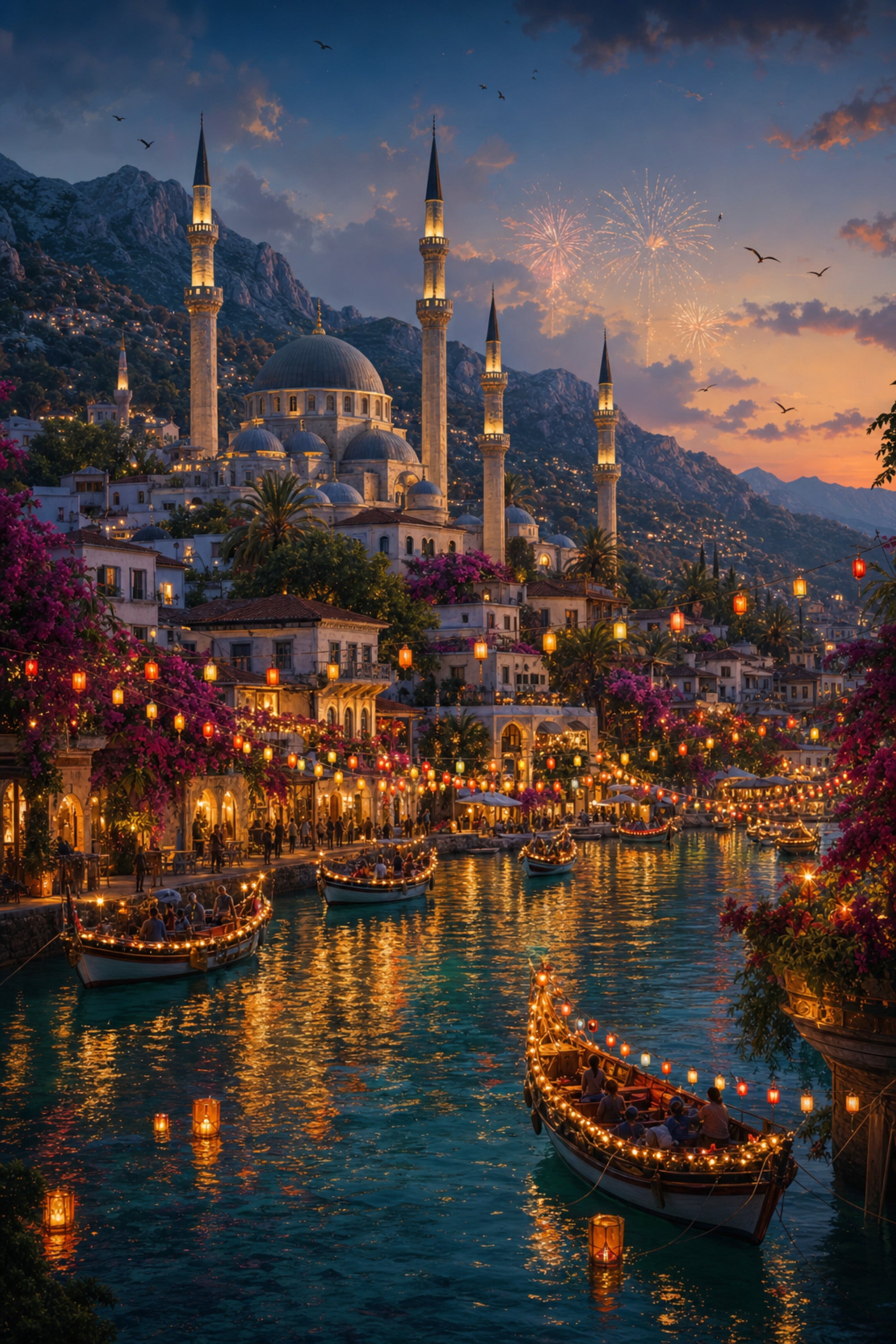 Bodrum Lantern Harbor Night poster print preview by Seji Art