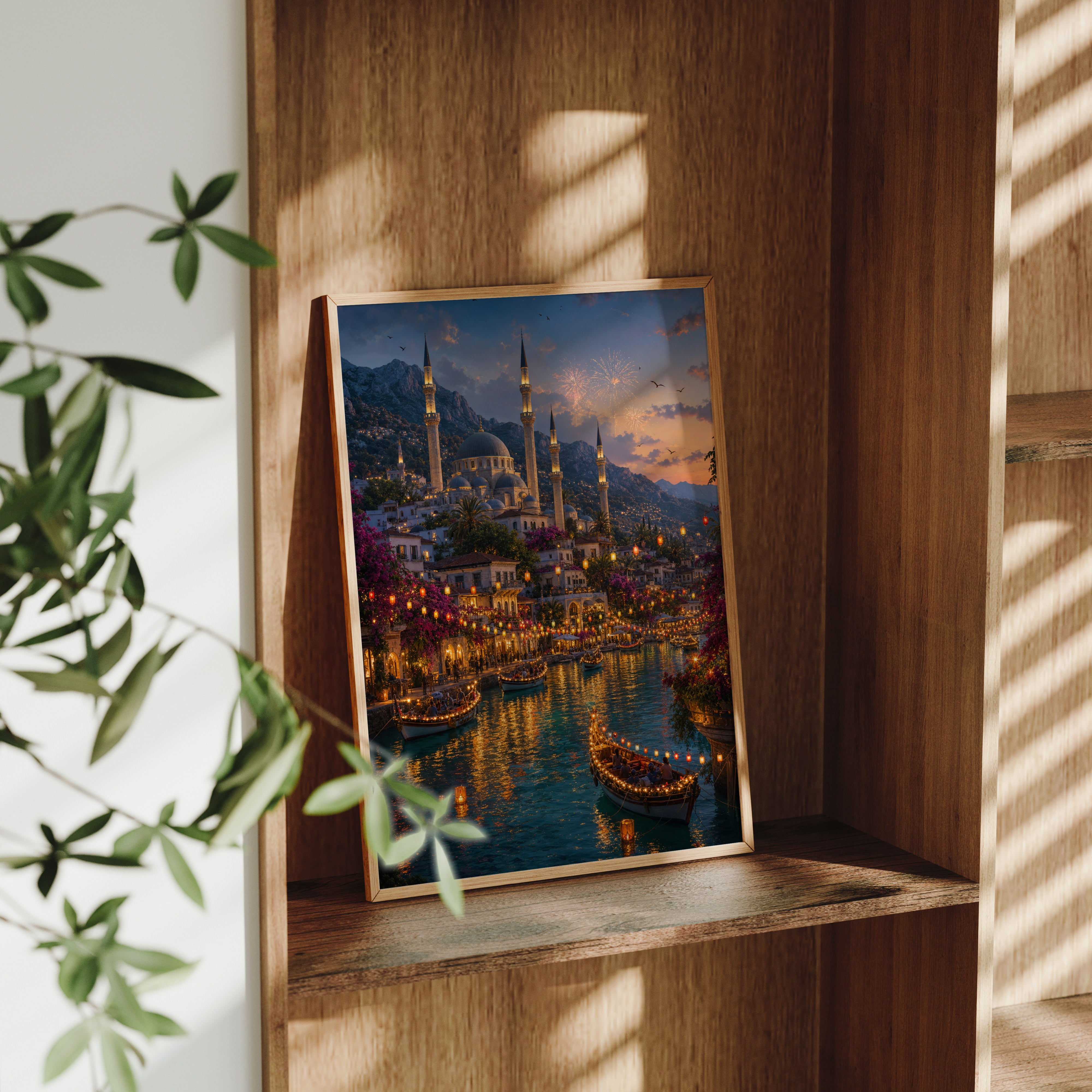 Bodrum Lantern Harbor Night poster framed room mockup by Seji Art