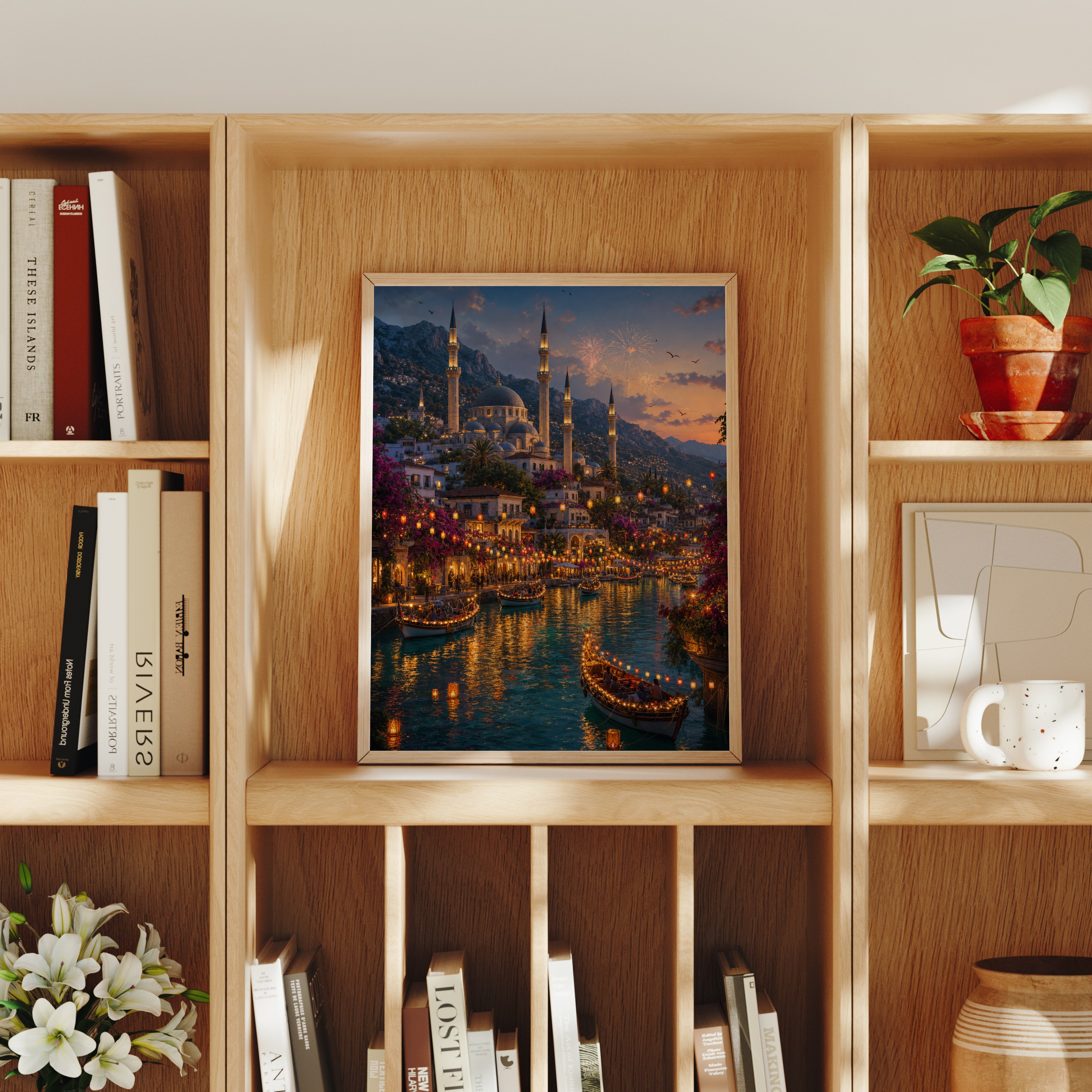 Bodrum Lantern Harbor Night poster home decor mockup by Seji Art