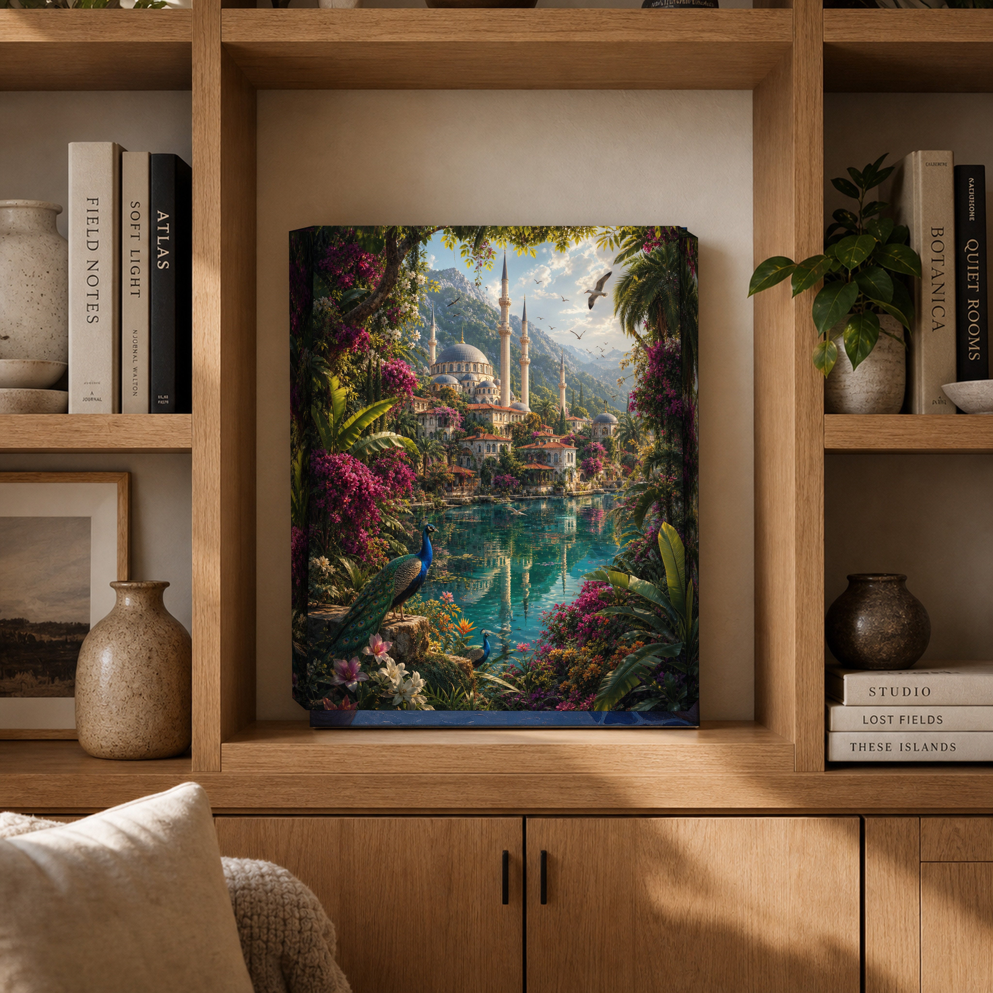 Bodrum Lush Garden Lagoon canvas gallery shelf mockup by Seji Art