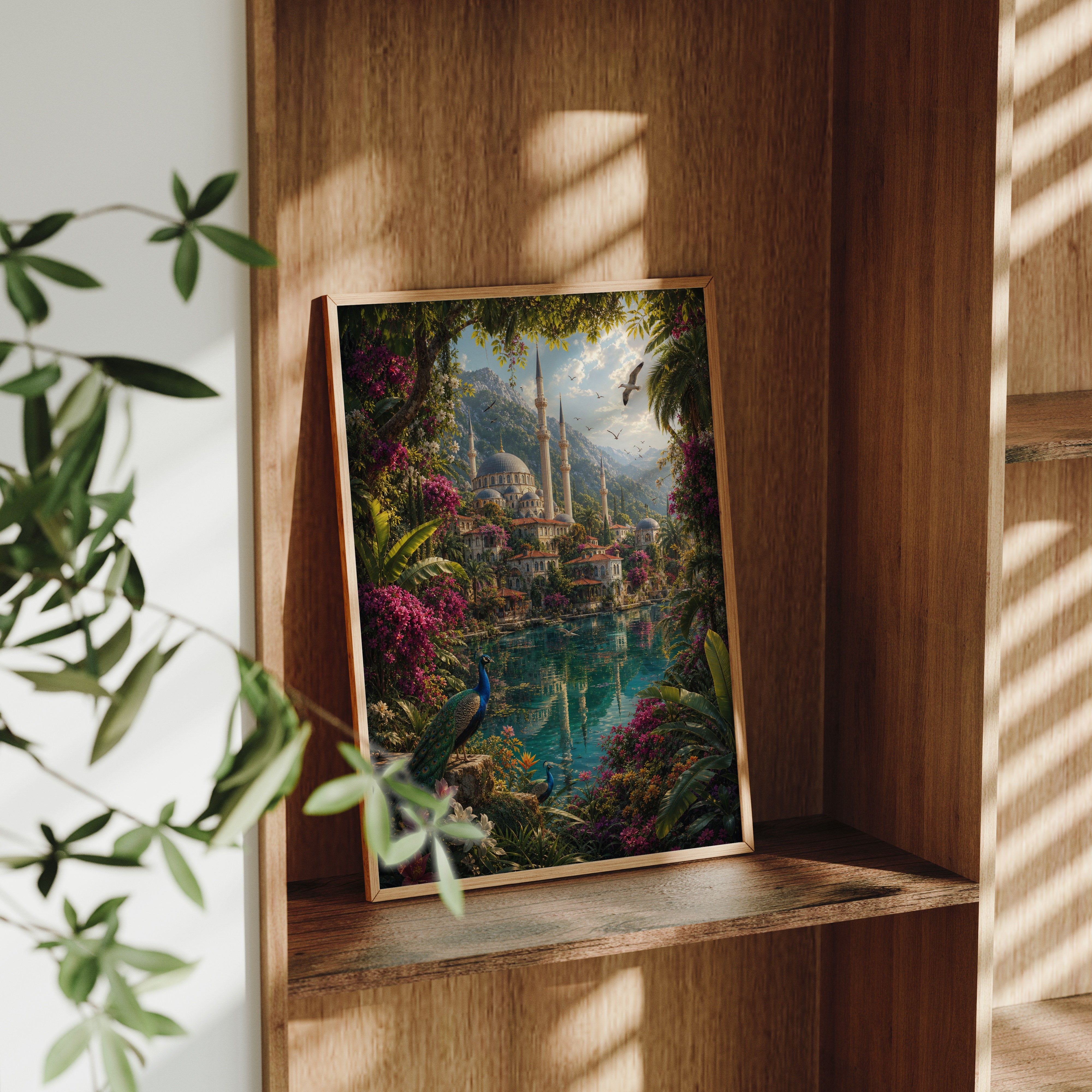 Bodrum Lush Garden Lagoon poster framed room mockup by Seji Art