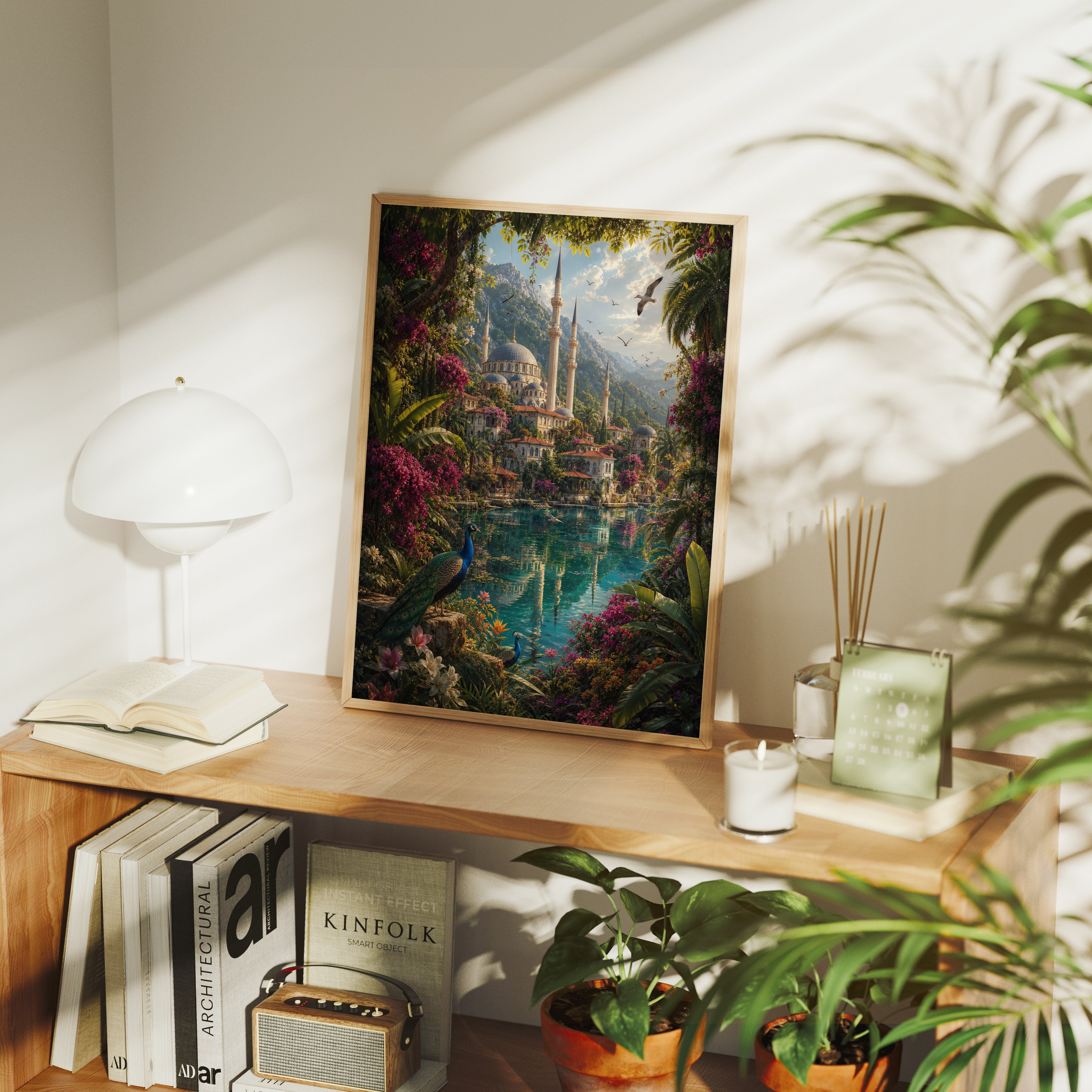 Bodrum Lush Garden Lagoon poster gallery shelf mockup by Seji Art