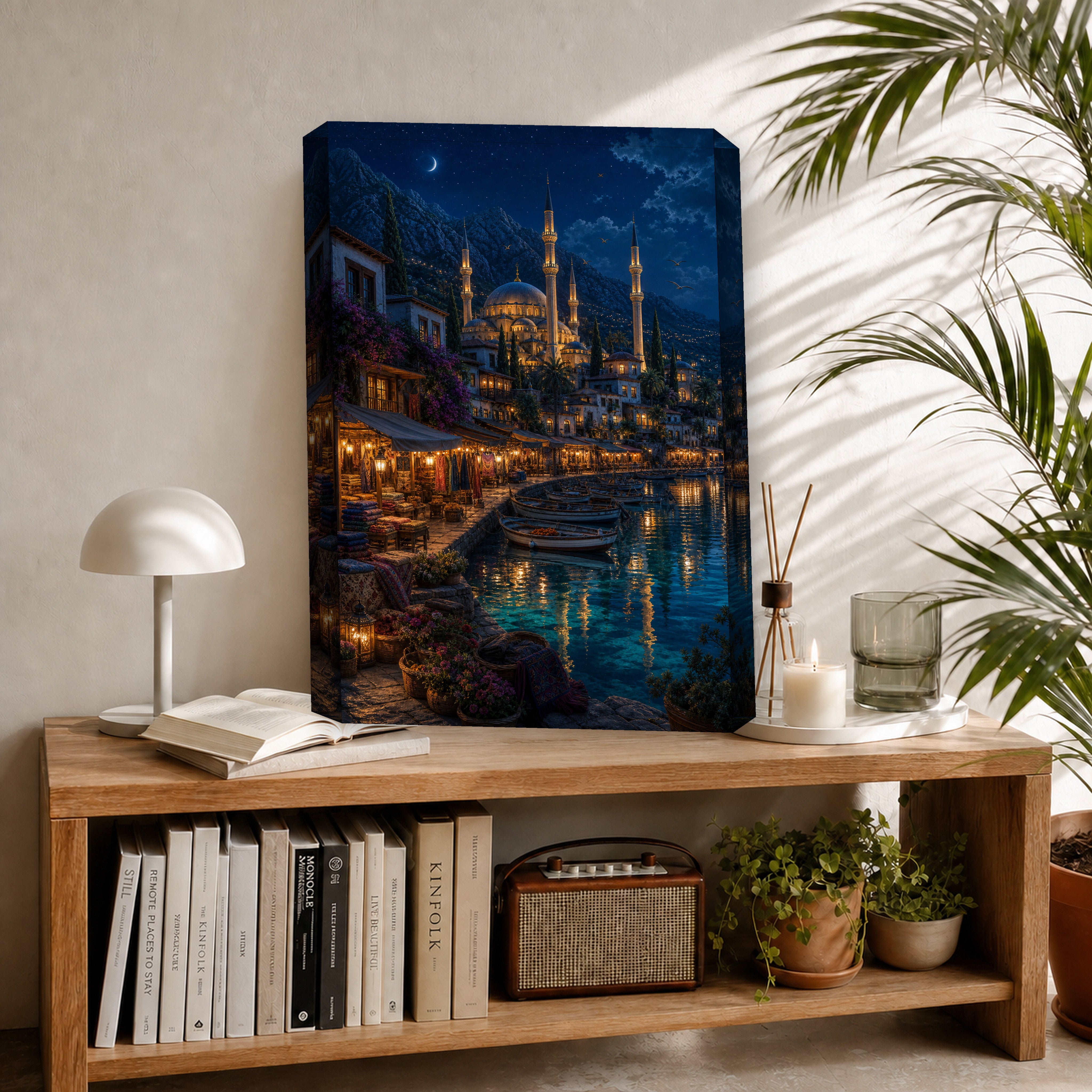 Bodrum Midnight Waterfront Market canvas room mockup by Seji Art