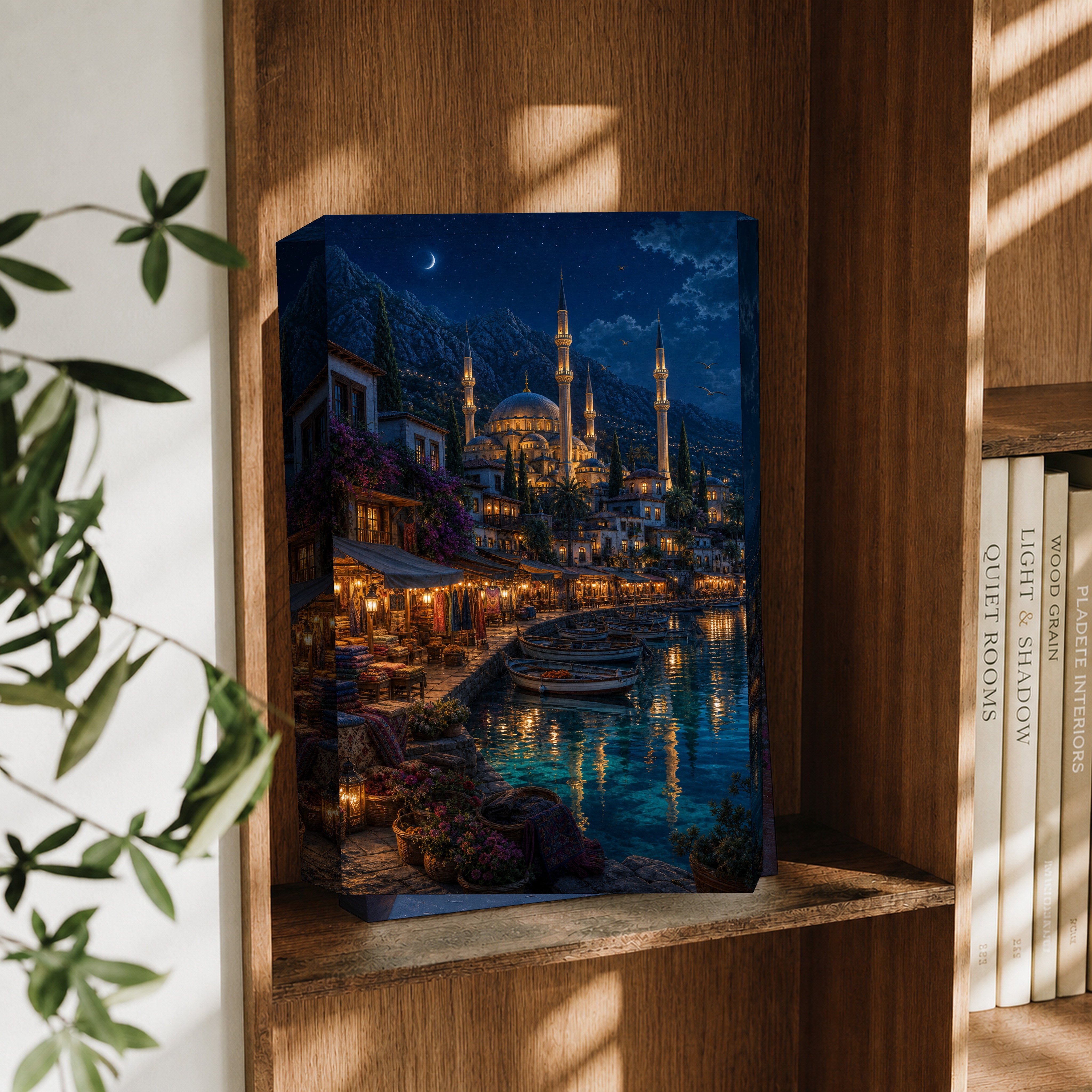Bodrum Midnight Waterfront Market canvas wall art decor mockup by Seji Art