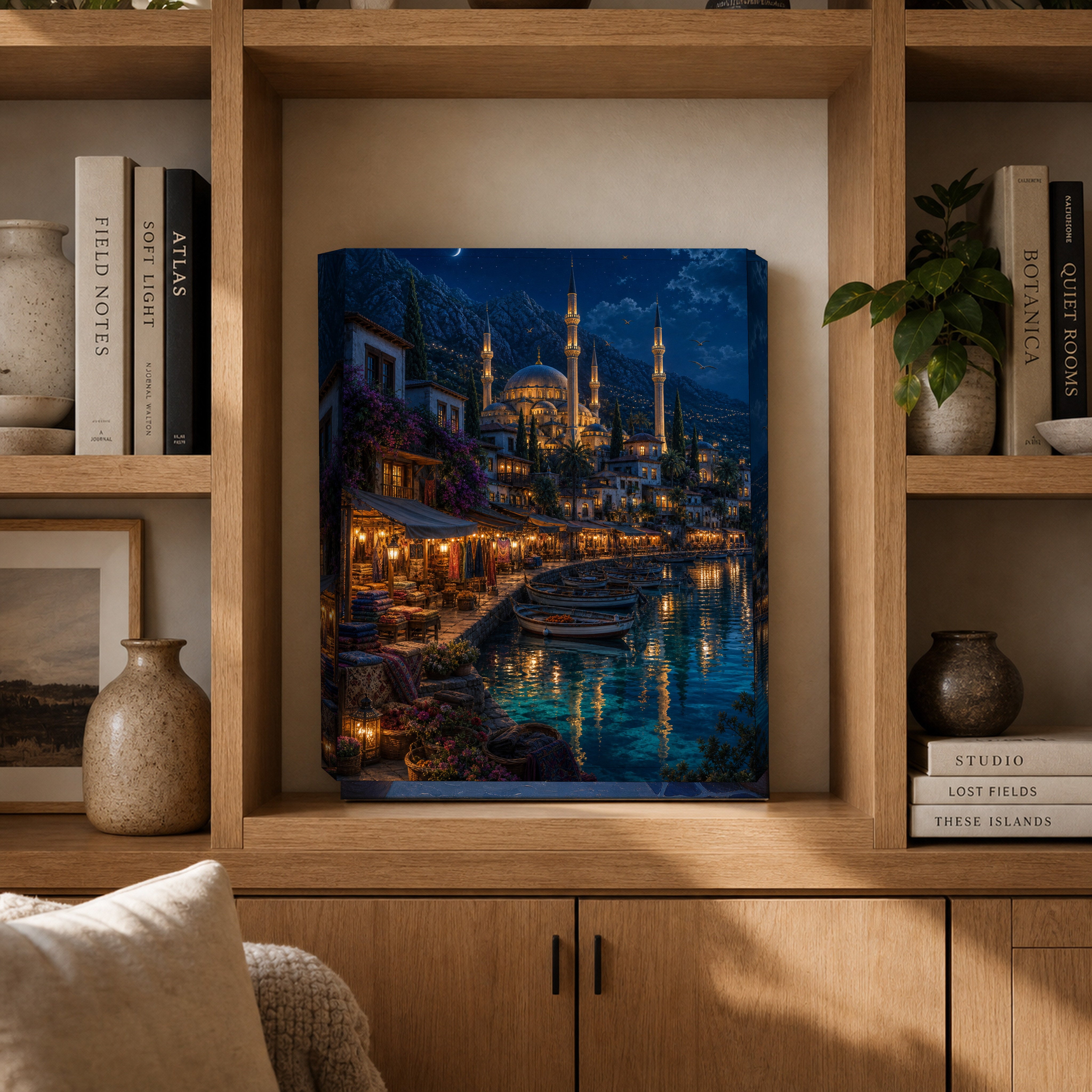 Bodrum Midnight Waterfront Market canvas gallery shelf mockup by Seji Art