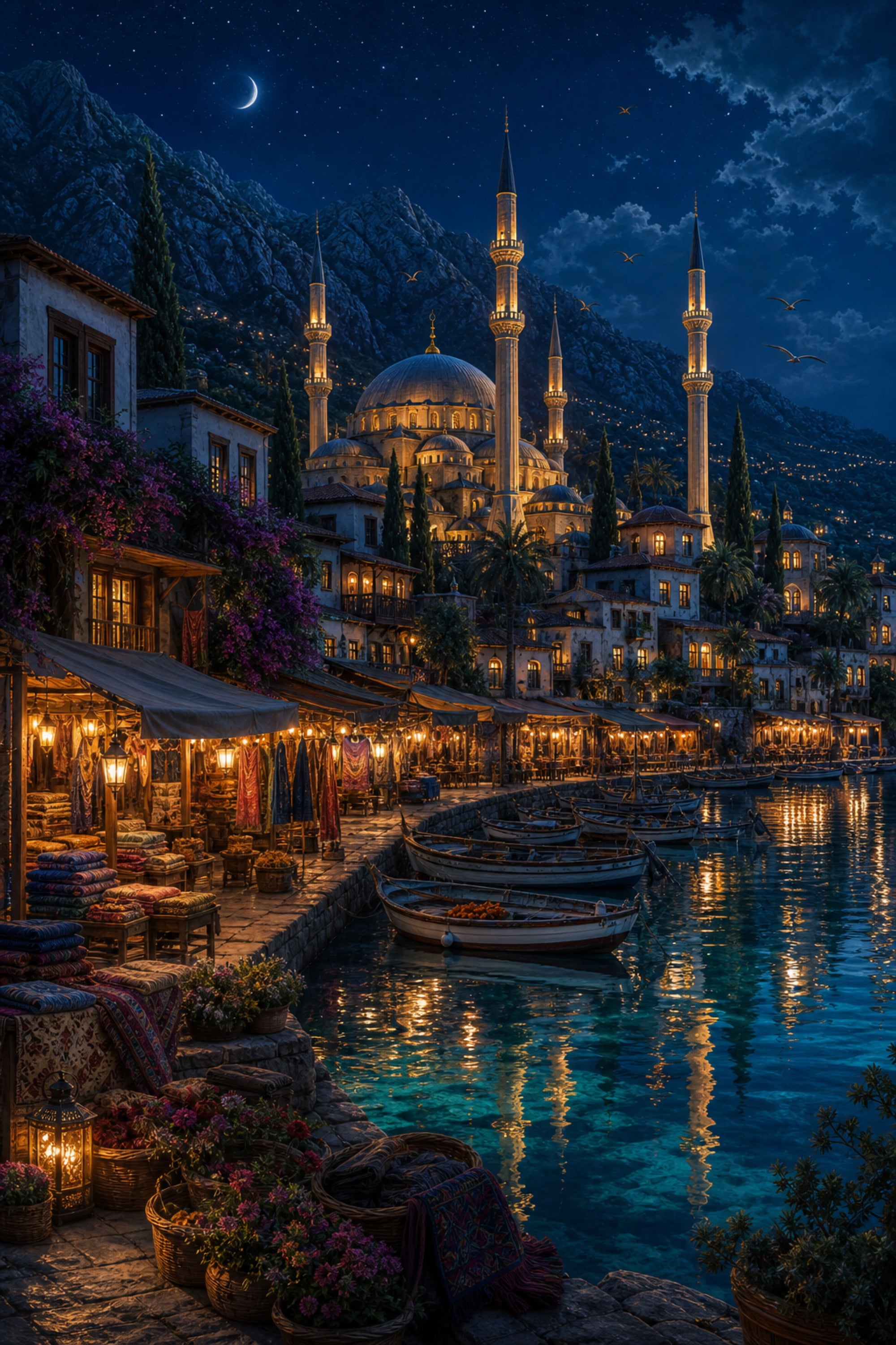 Bodrum Midnight Waterfront Market poster print preview by Seji Art
