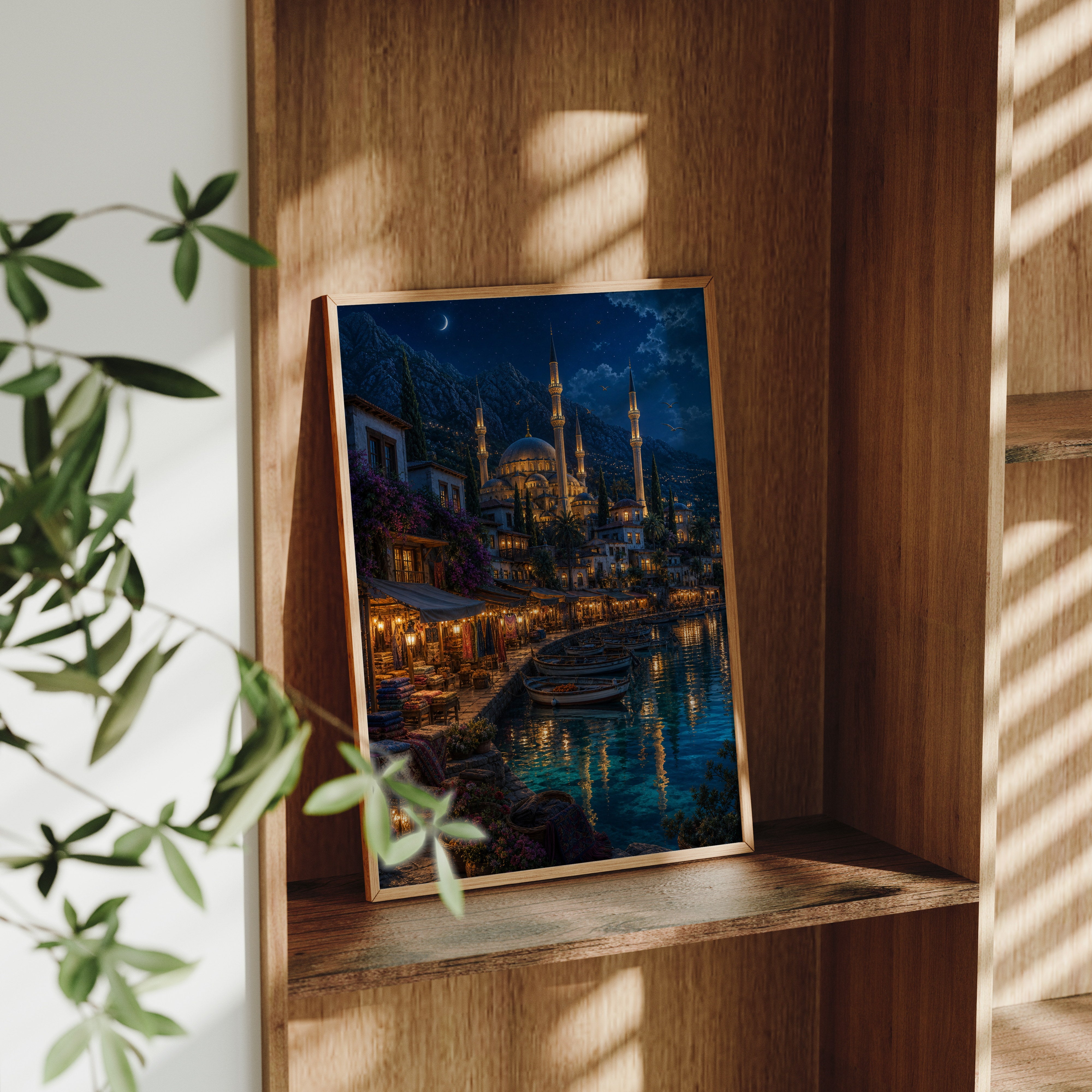 Bodrum Midnight Waterfront Market poster framed room mockup by Seji Art