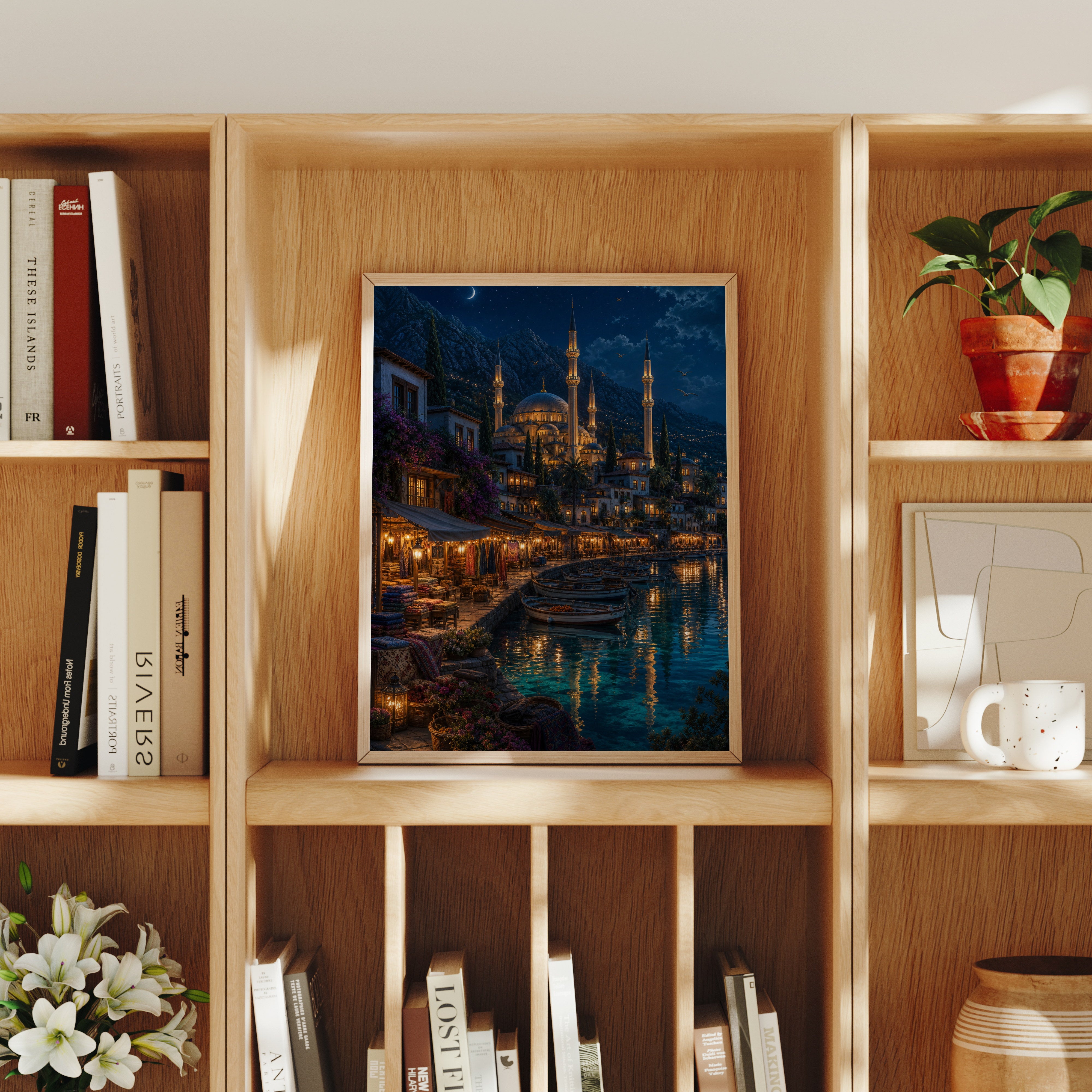 Bodrum Midnight Waterfront Market poster home decor mockup by Seji Art