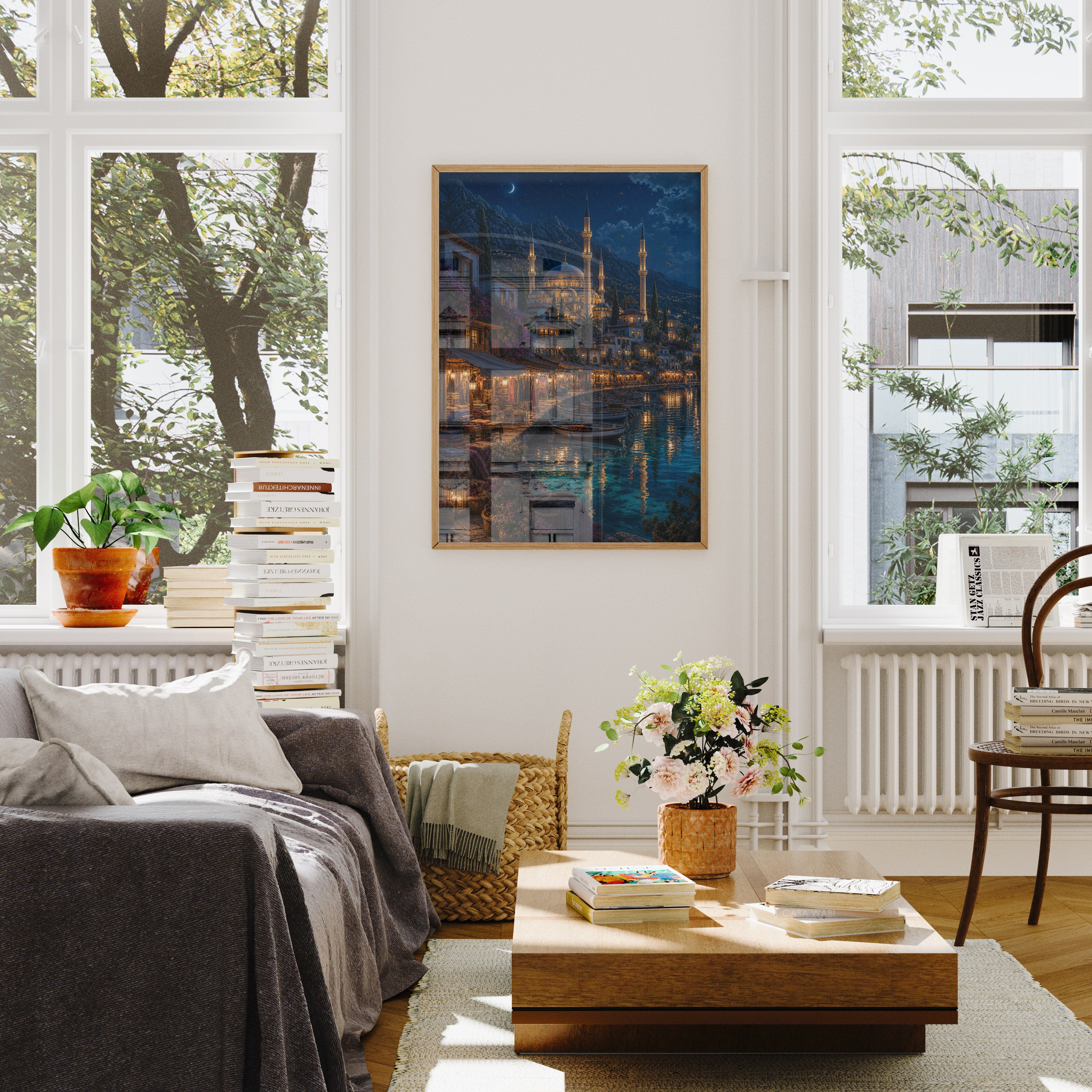 Bodrum Midnight Waterfront Market poster wall art mockup by Seji Art