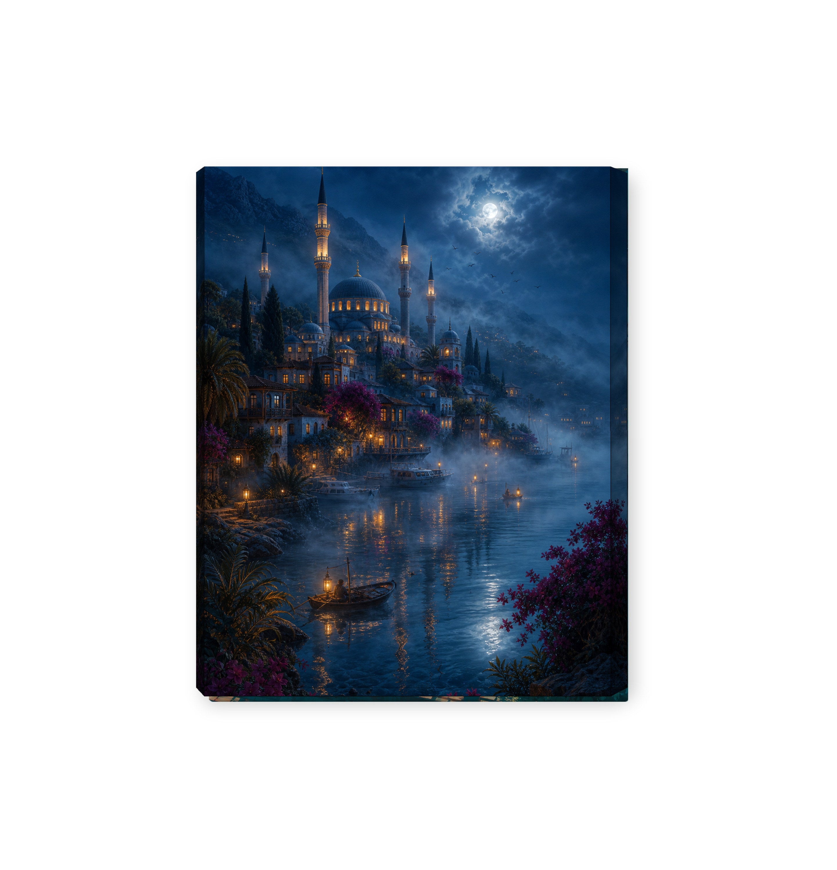 Bodrum Misty Moonlit Harbor canvas wall art preview by Seji Art