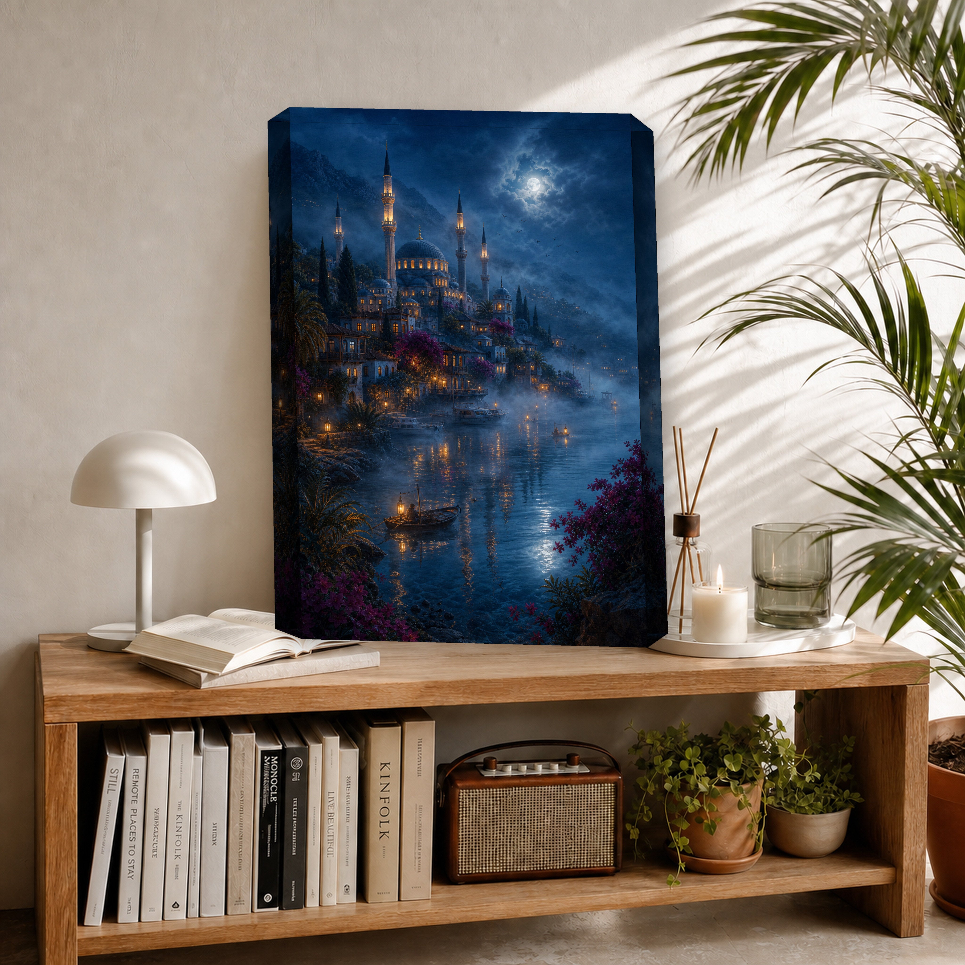 Bodrum Misty Moonlit Harbor canvas room mockup by Seji Art