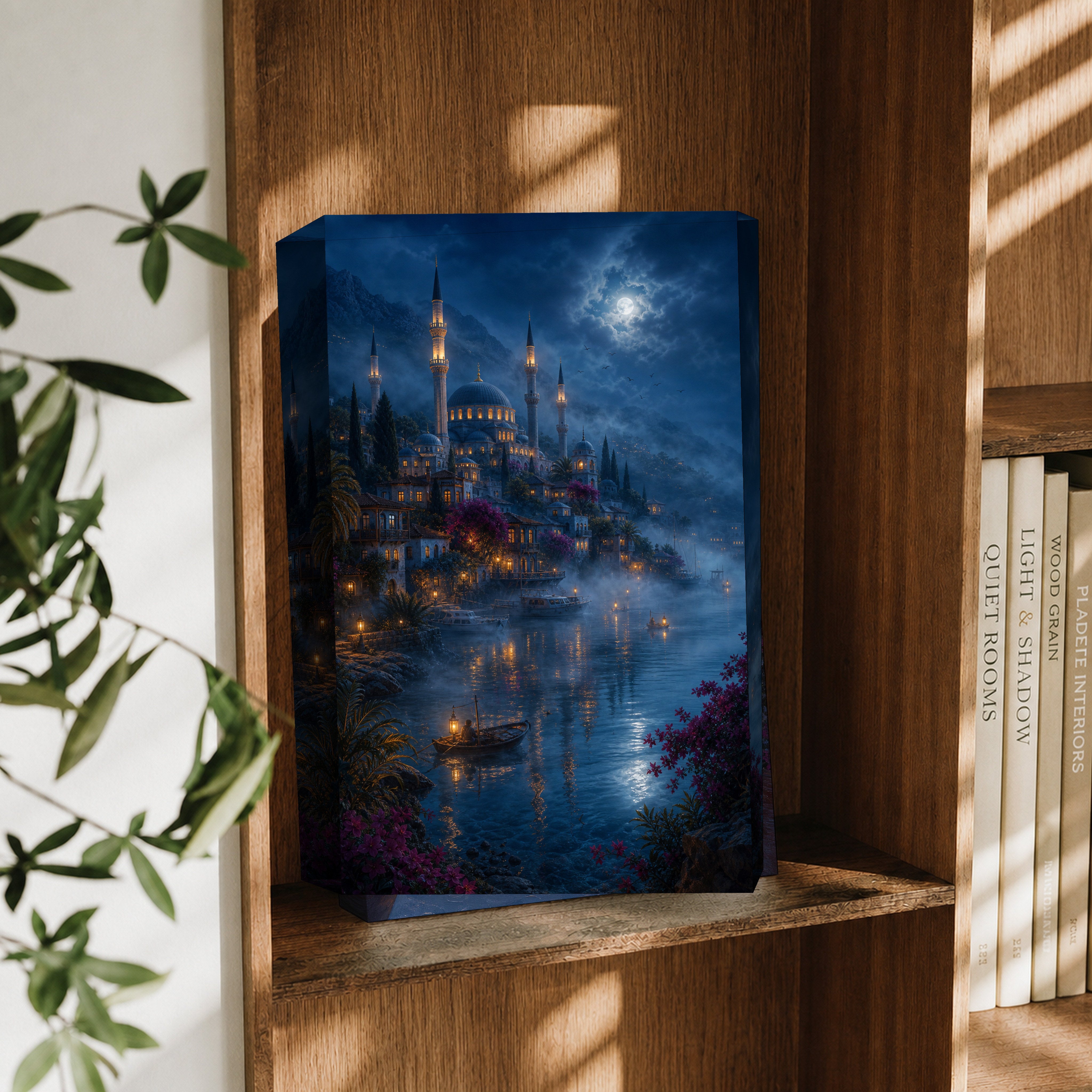 Bodrum Misty Moonlit Harbor canvas wall art decor mockup by Seji Art