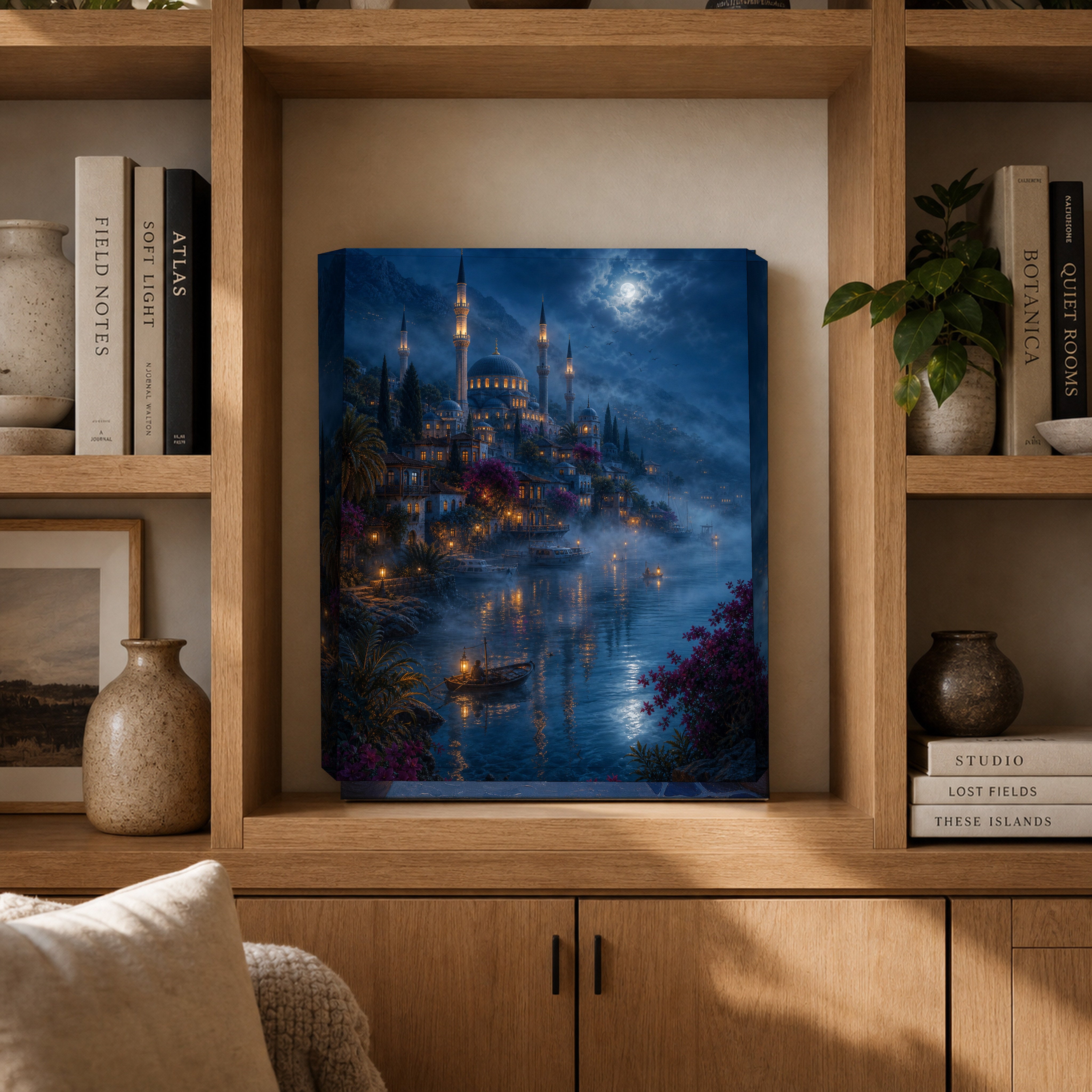 Bodrum Misty Moonlit Harbor canvas gallery shelf mockup by Seji Art