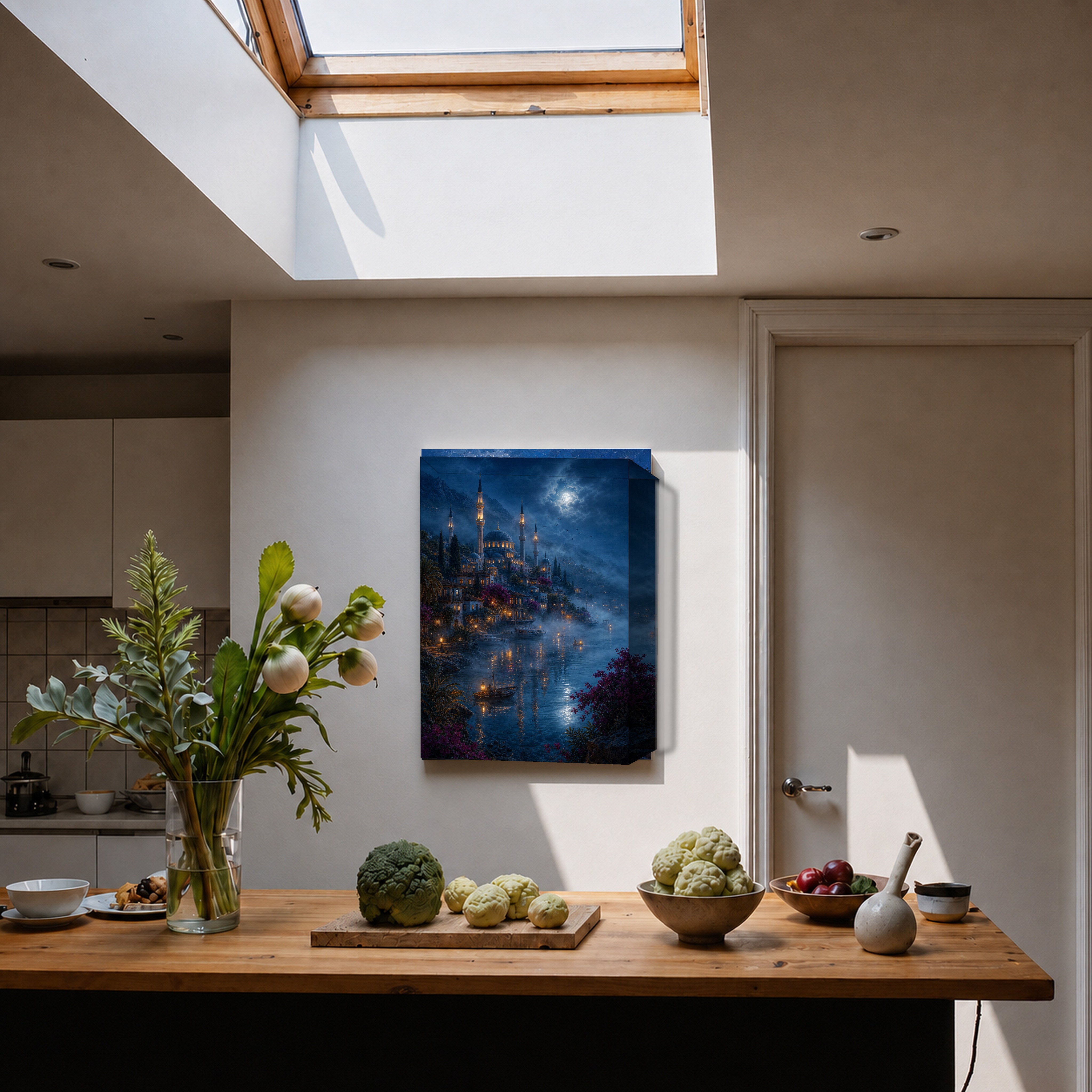 Bodrum Misty Moonlit Harbor canvas home decor mockup by Seji Art