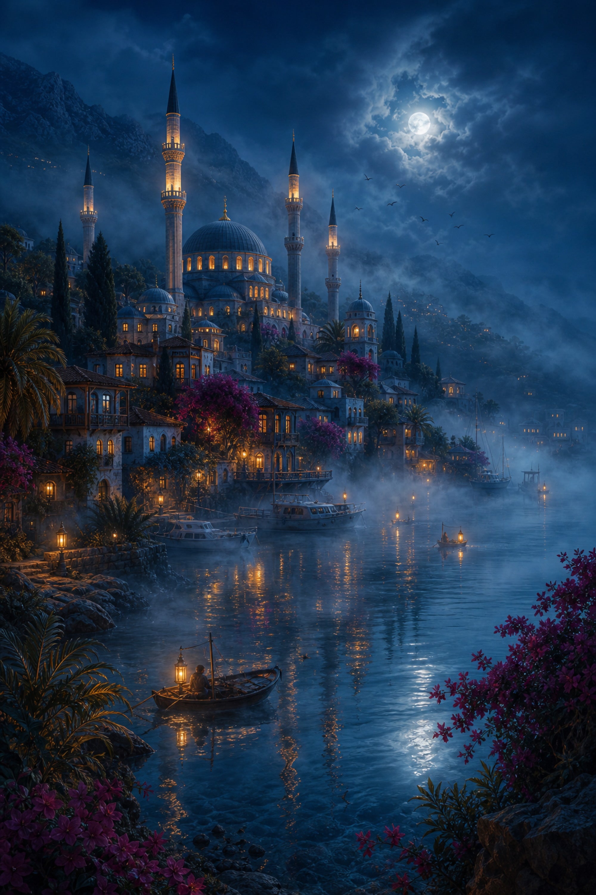 Bodrum Misty Moonlit Harbor poster print preview by Seji Art