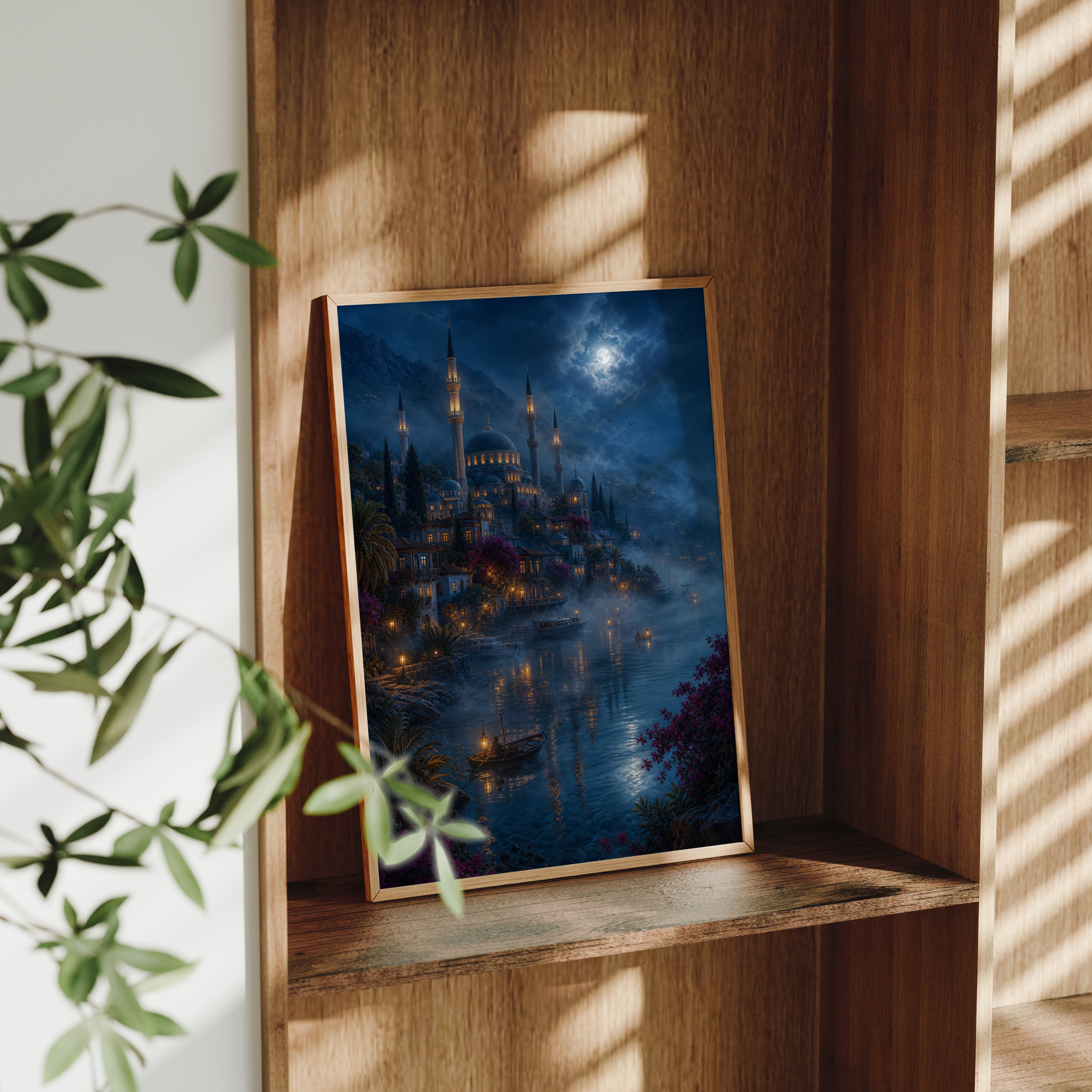 Bodrum Misty Moonlit Harbor poster framed room mockup by Seji Art