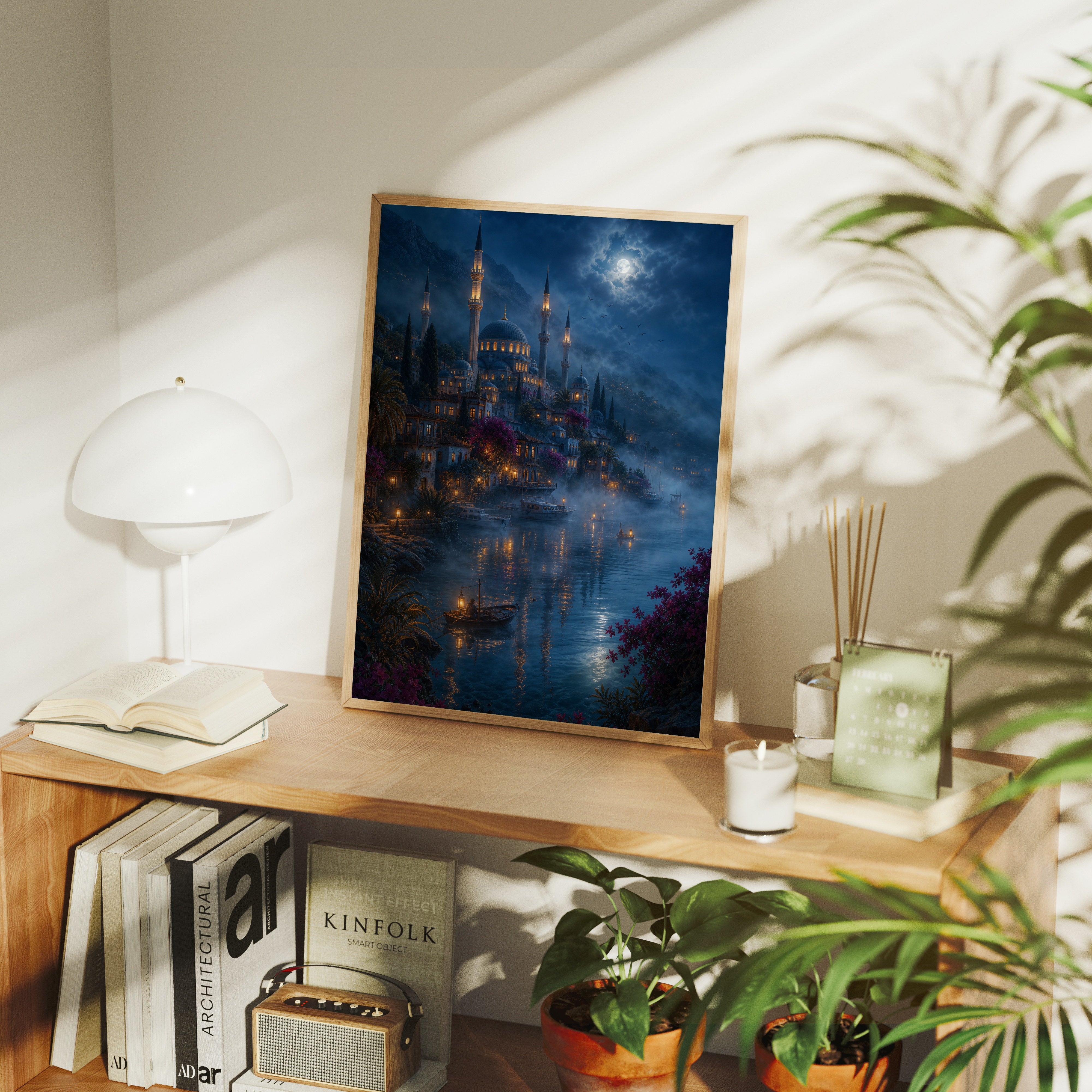 Bodrum Misty Moonlit Harbor poster gallery shelf mockup by Seji Art