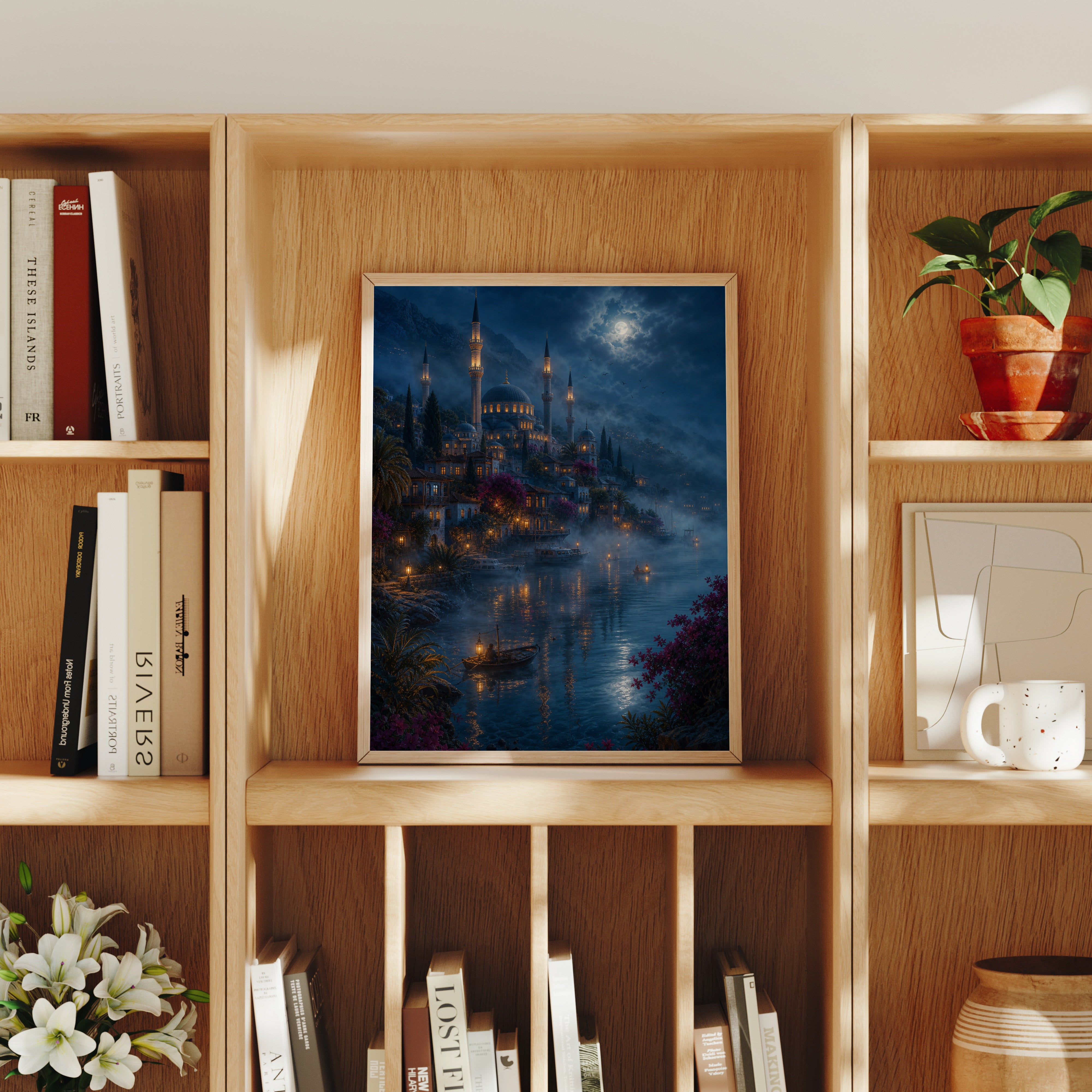 Bodrum Misty Moonlit Harbor poster home decor mockup by Seji Art