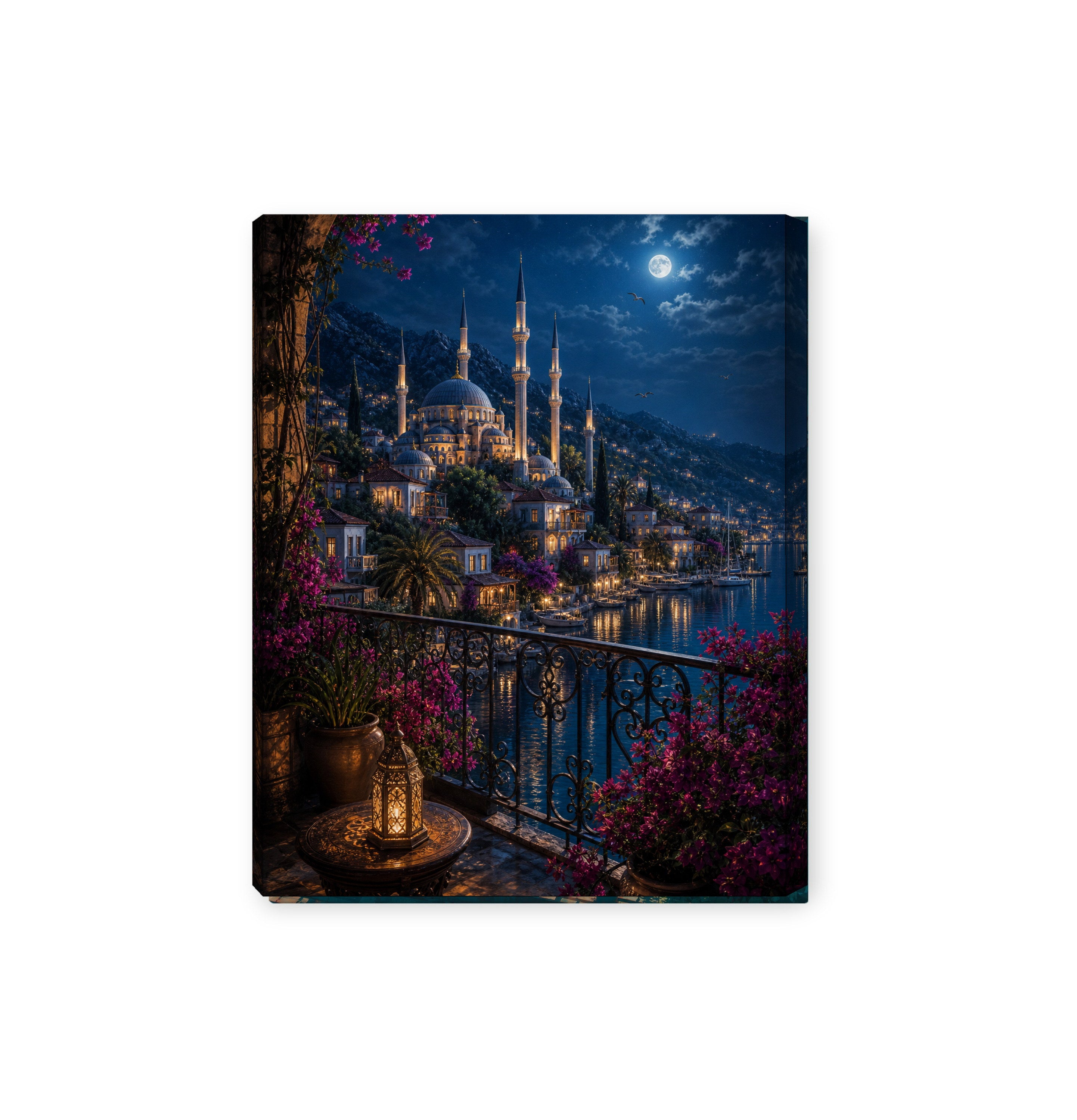 Bodrum Moonlit Balcony Marina canvas wall art preview by Seji Art