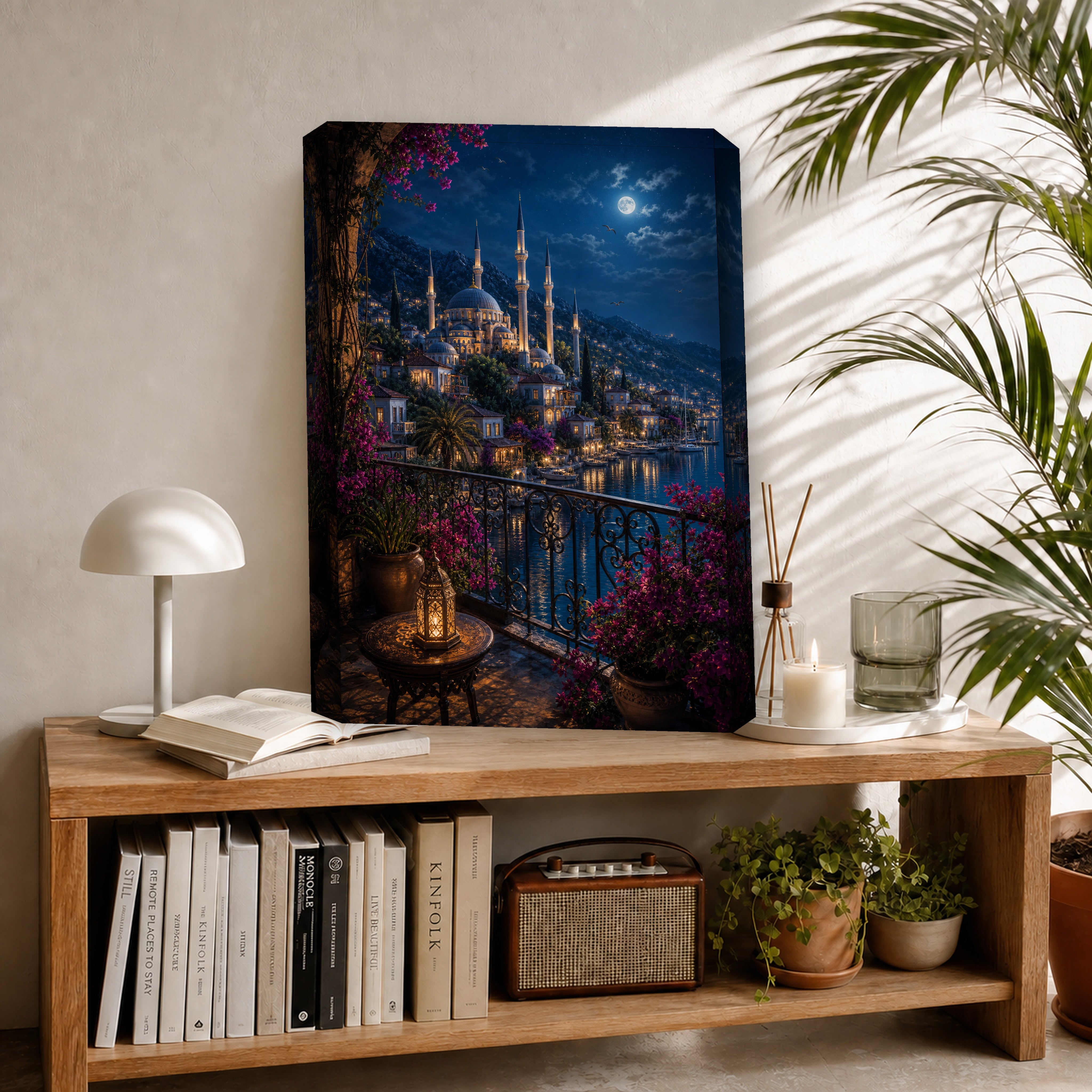 Bodrum Moonlit Balcony Marina canvas room mockup by Seji Art