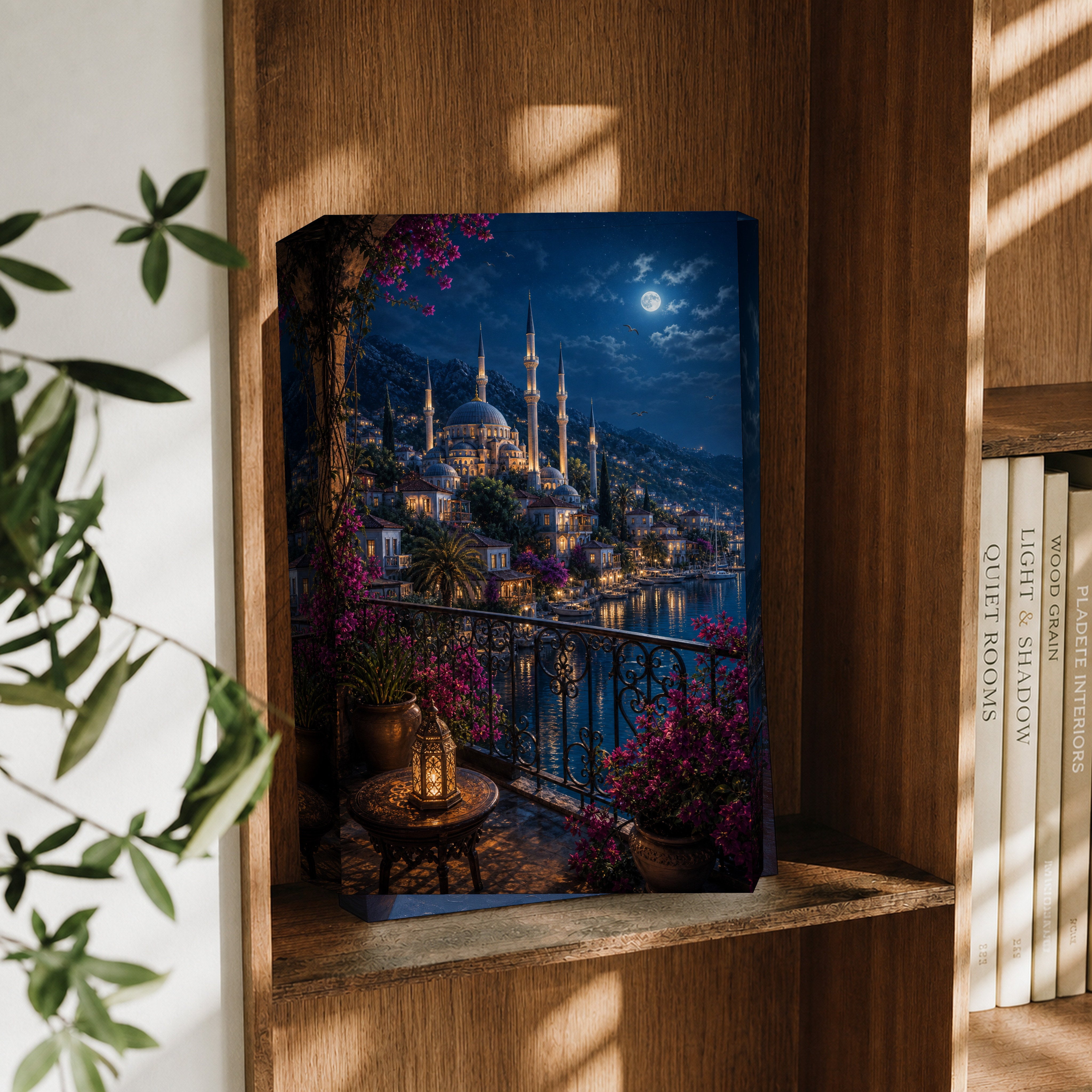 Bodrum Moonlit Balcony Marina canvas wall art decor mockup by Seji Art