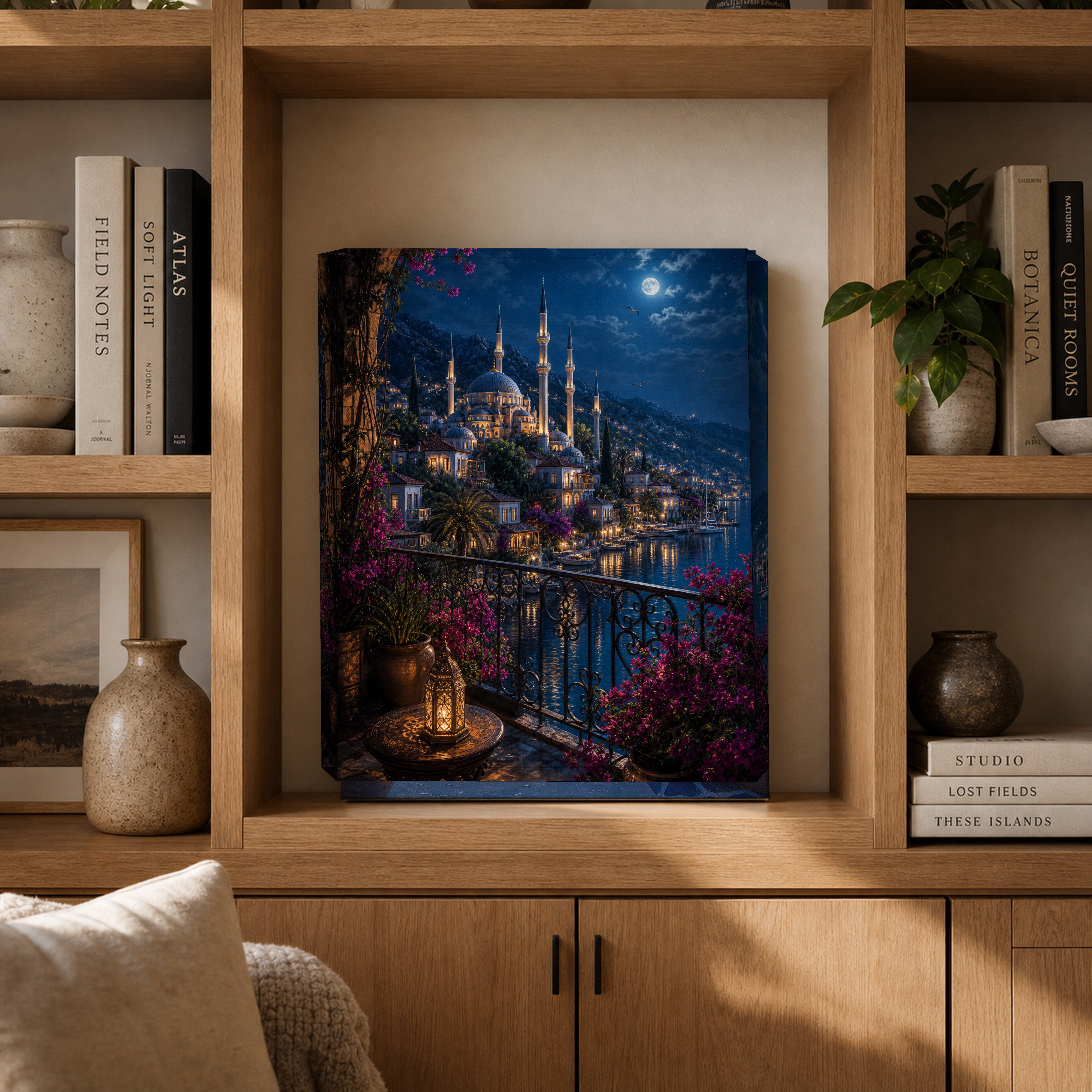 Bodrum Moonlit Balcony Marina canvas gallery shelf mockup by Seji Art