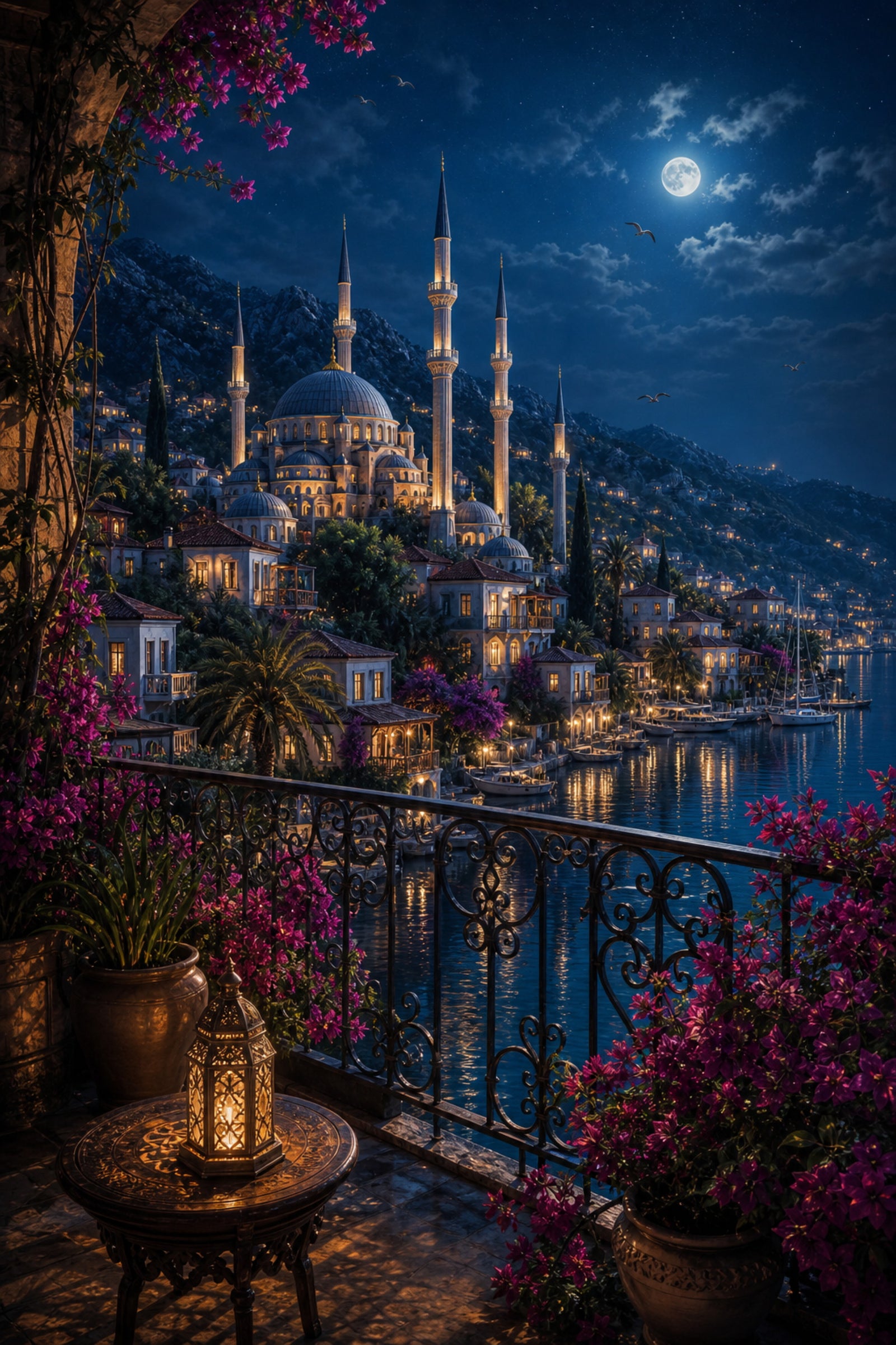 Bodrum Moonlit Balcony Marina Wall Art Print